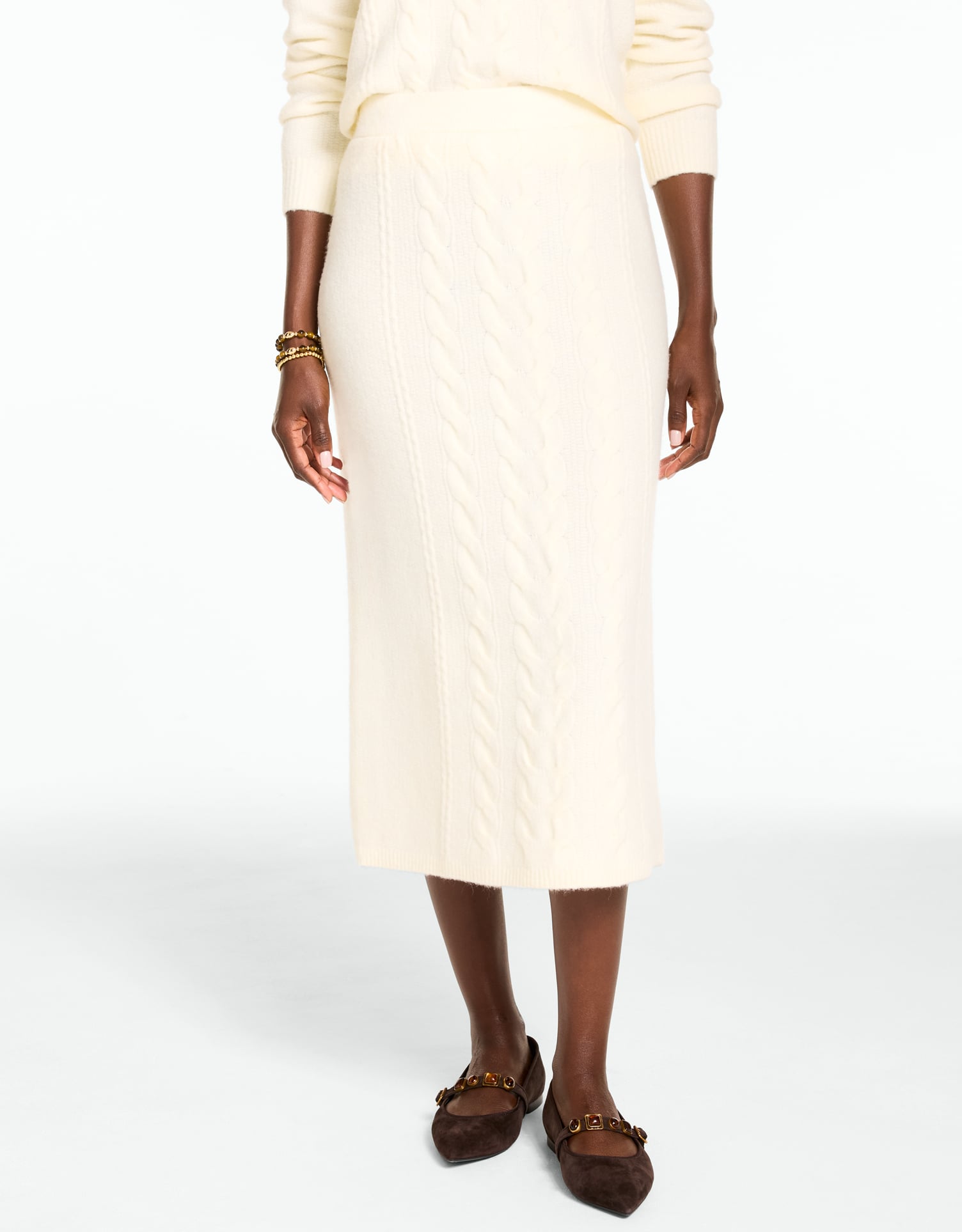 Cable Knit Midi Skirt - Ivory - XS Talbots