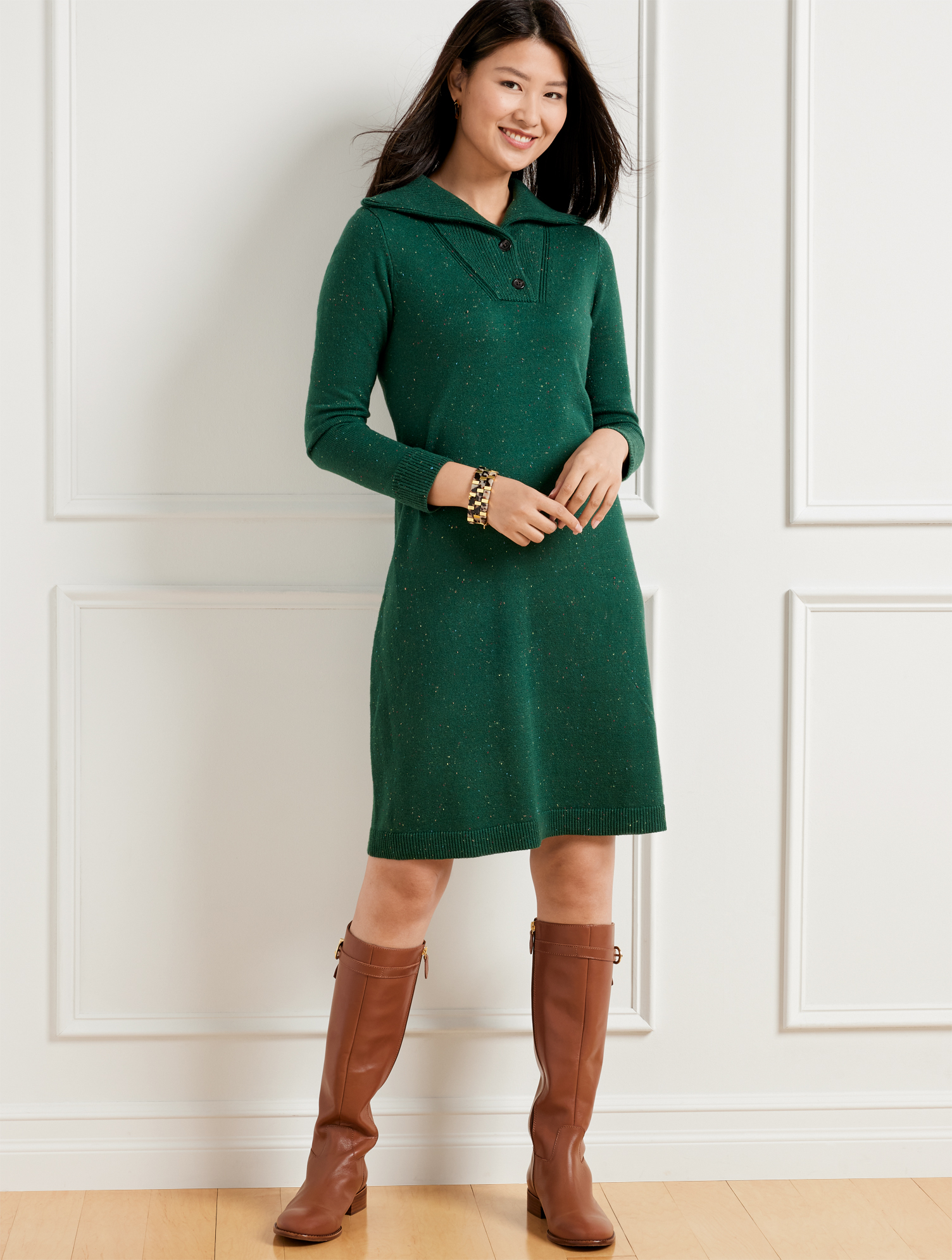 Talbots Supersoft Johnny Collar Sweater Dress - Tweed - Green Forest - 3x