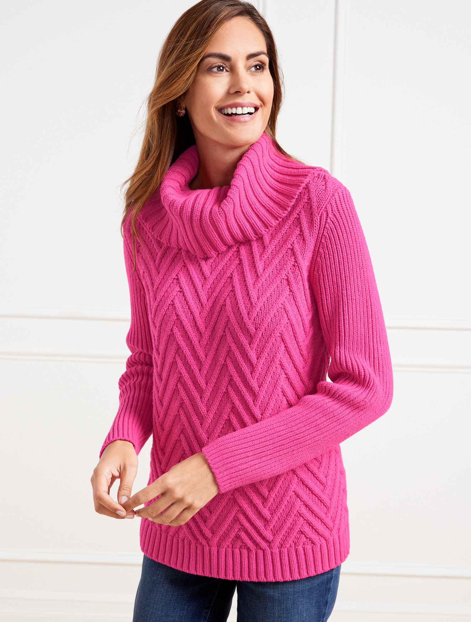 Shop Talbots Chevron Stitch Cowlneck Pullover Sweater - Festive Pink/fuchsia - Medium  In Festive Pink,fuchsia