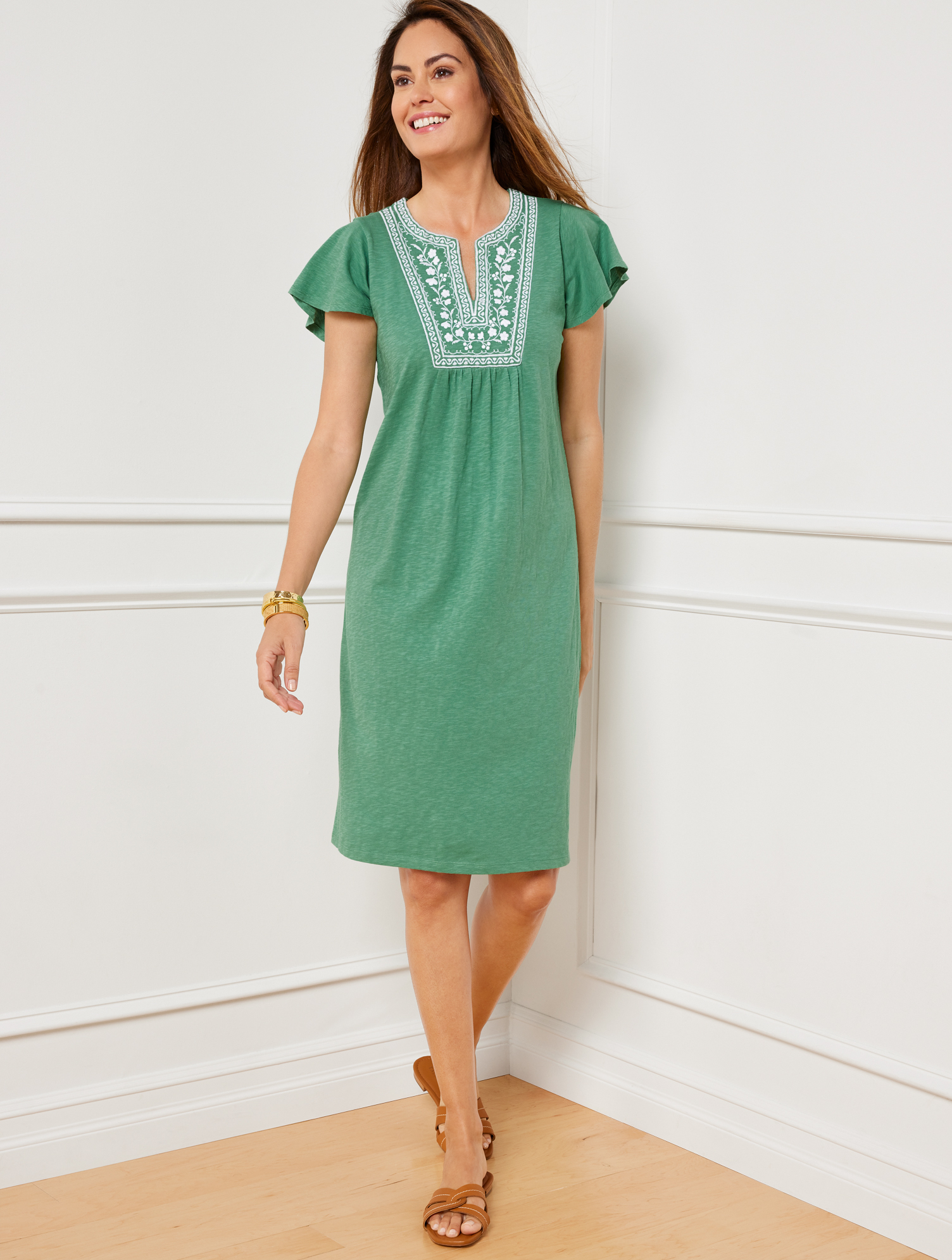 Talbots Plus Size - Nantucket Slub Embroidered Shift Dress - Eucalyptus - 1x