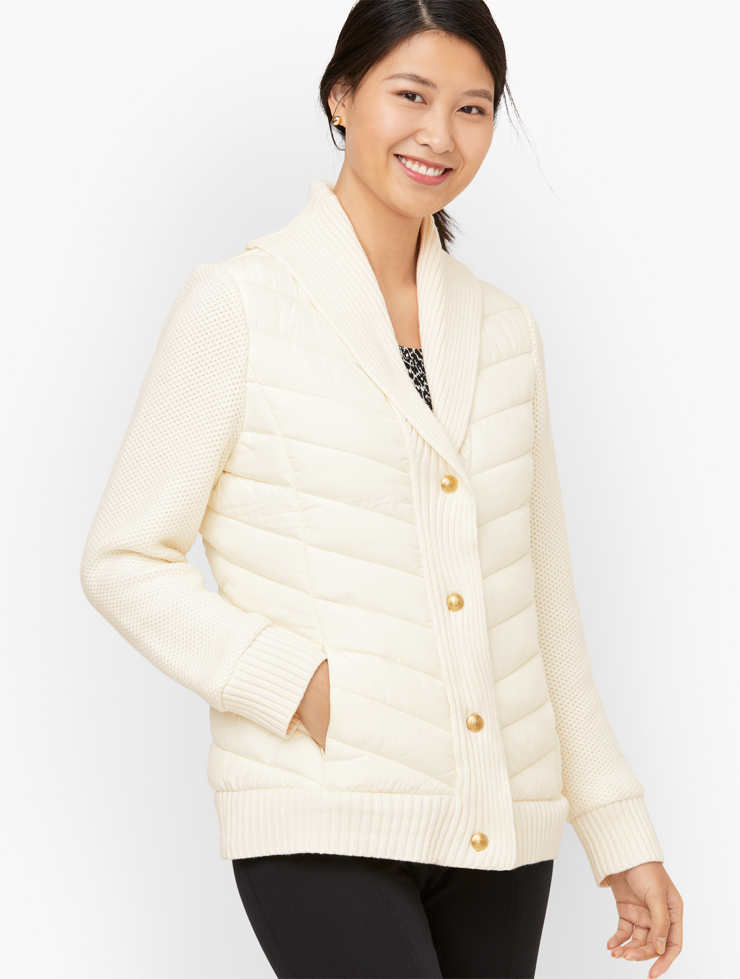Talbots Petite - Sweater Sleeve Puffer Jacket - Ivory - Medium
