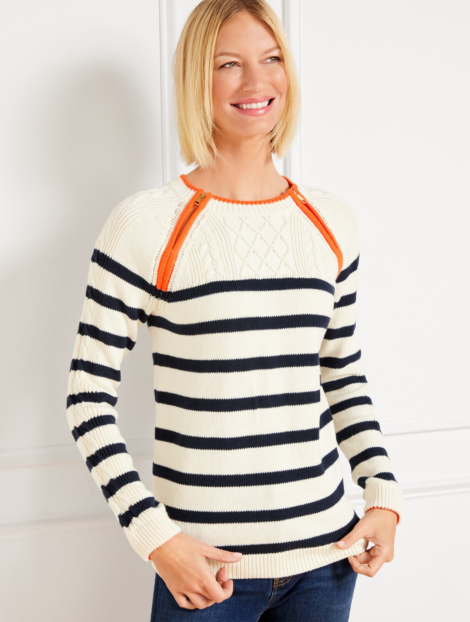 Talbots Plus Size - Cable Knit Zip Detail Sweater - Fisherman Stripe - Ivory - 2x