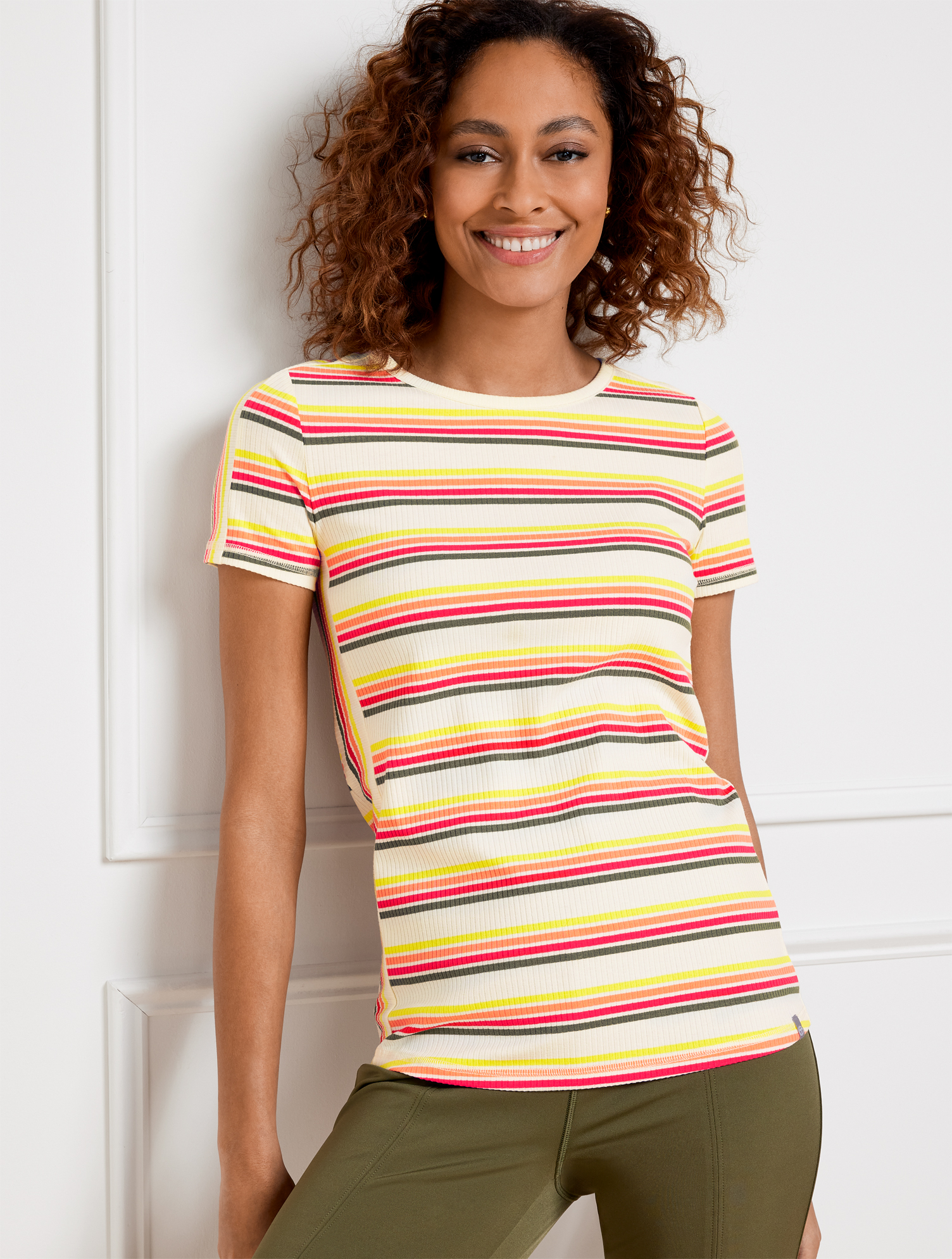 Talbots Plus Size - Ribbed Short Sleeve T-shirt - Outing Stripe - Ivory - 3x