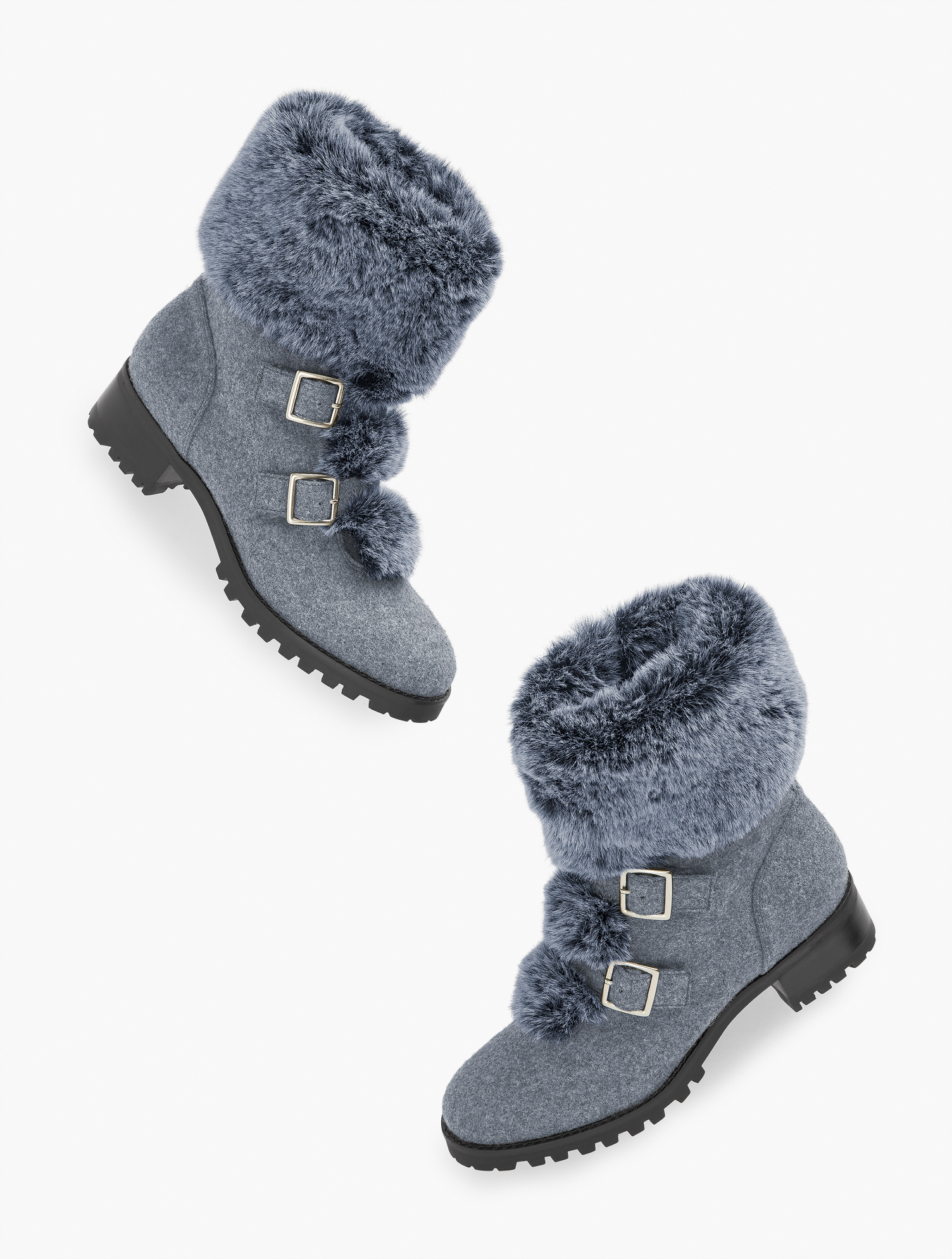 grey boots with fur trim