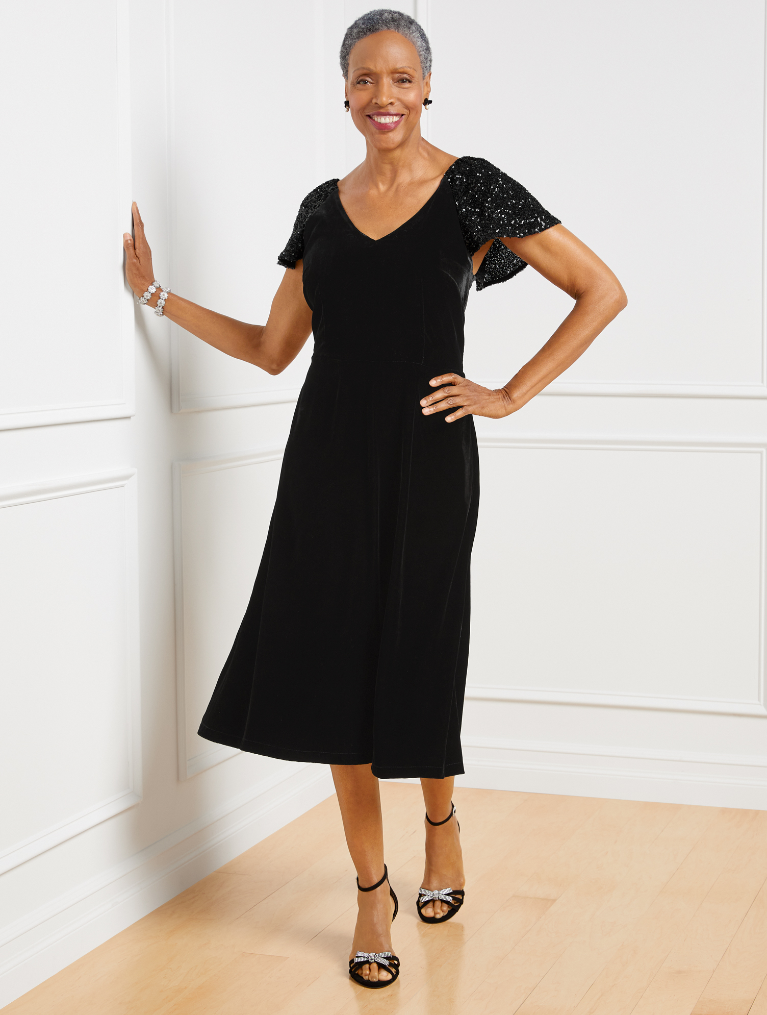 Talbots Petite - Sequin Sleeve Velvet Dress - Black - 4