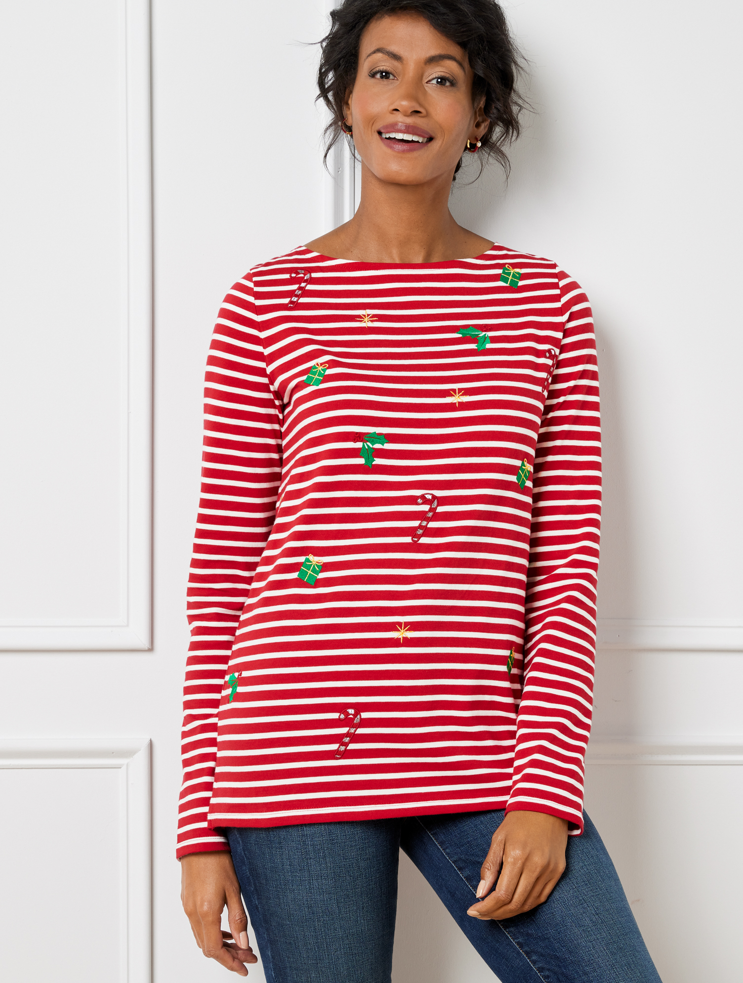 Talbots Petite - Embroidered Bateau Neck T-shirt - Holiday Icons - Red/ivory - Medium - 100% Cotton  In Red,ivory