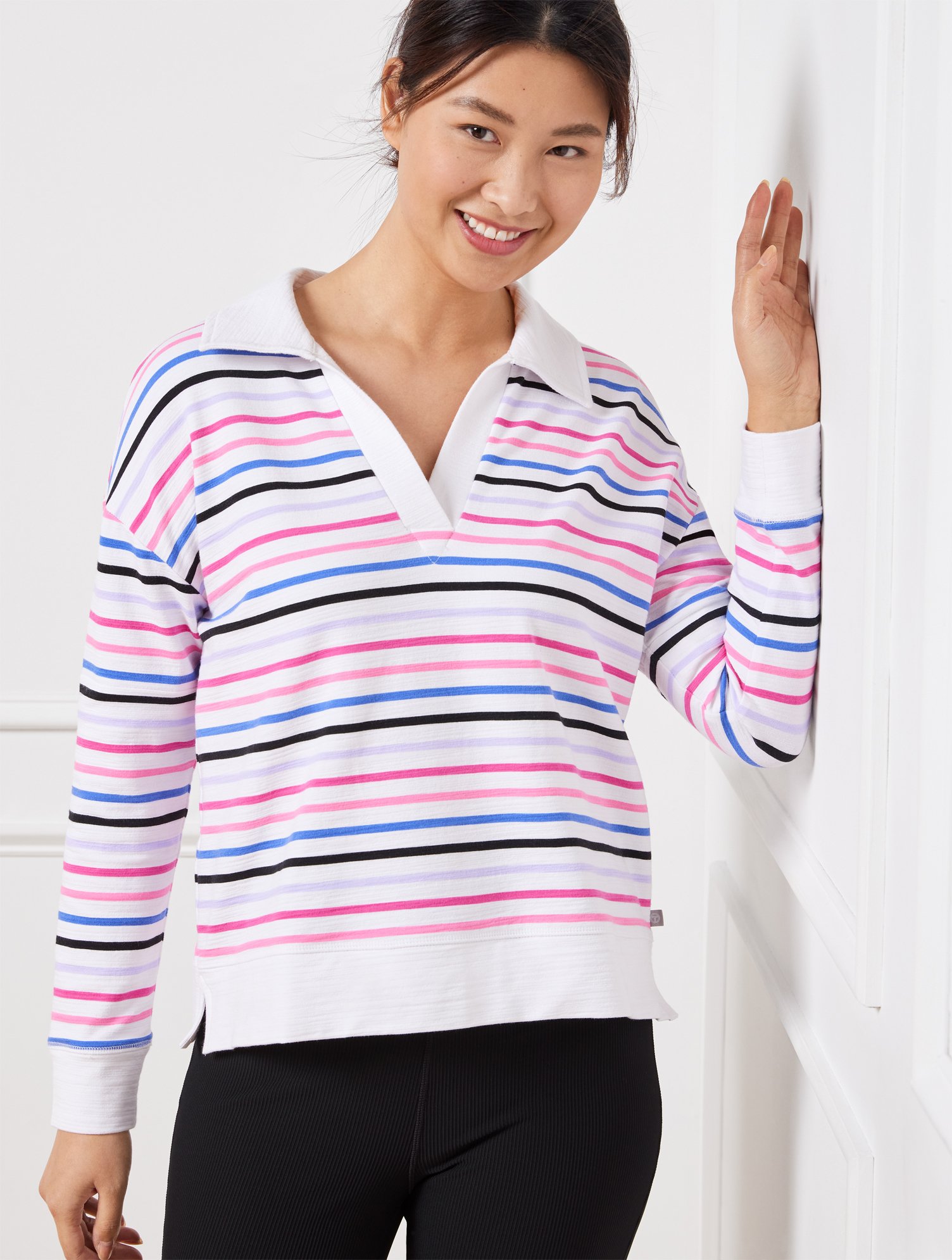 Talbots Cozy Crush Johnny Collar Pullover Sweater - Game Stripe - White - 3x