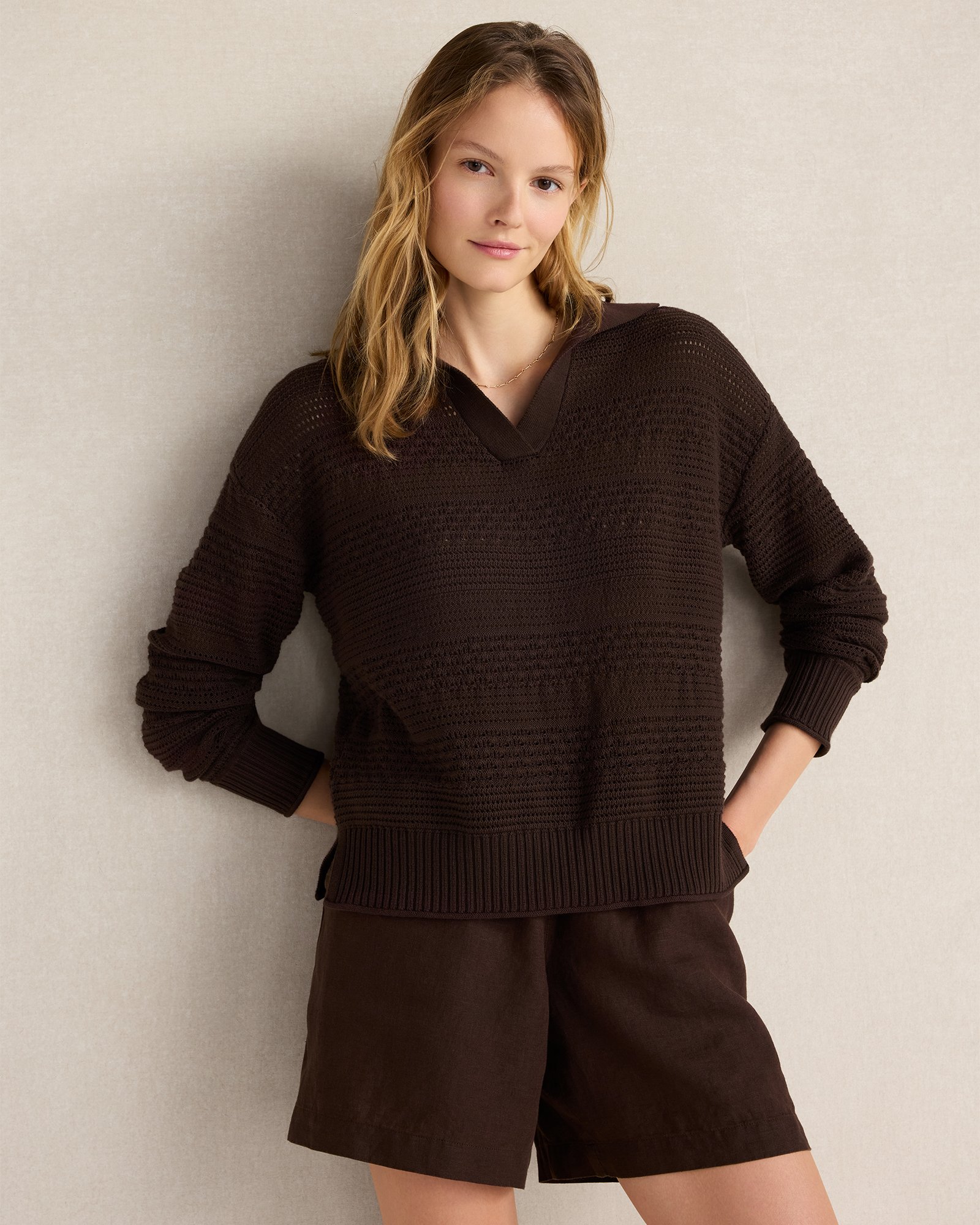 Cotton Mixed Stitch Johnny Collar Sweater