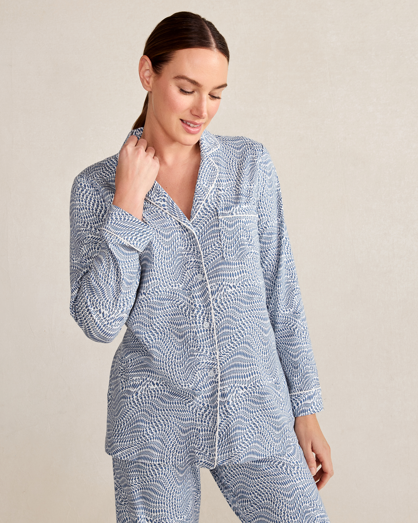 Talbots Organic Cotton Jersey Tiny Leaves Pajama Shirt - Leaves Print Blue - Xl