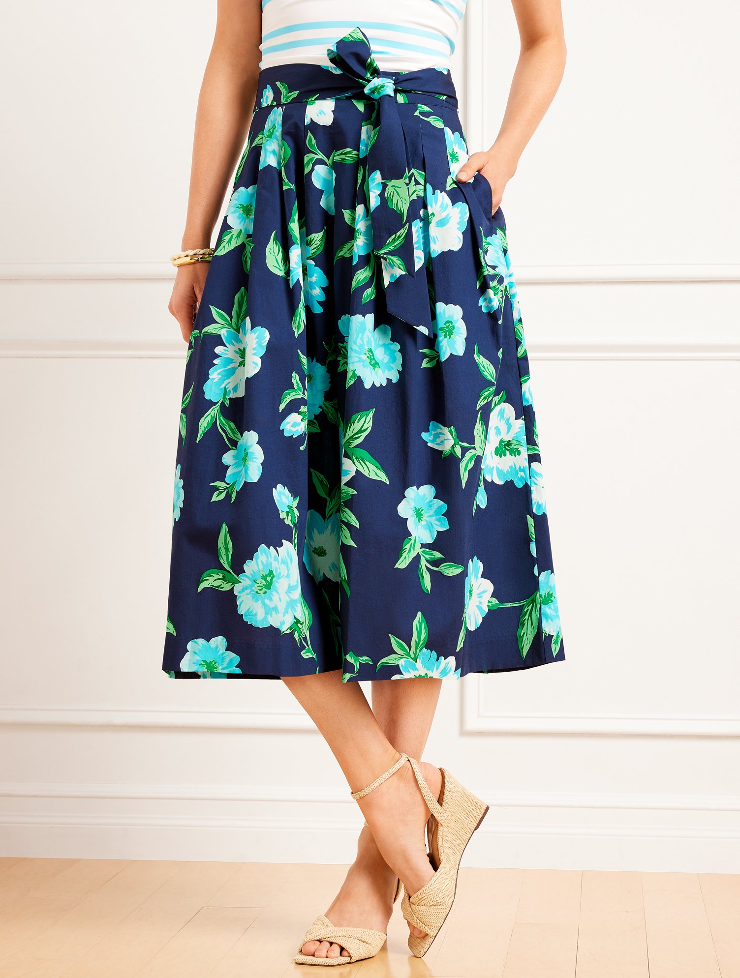 Talbots Plus Size - The Piper Pleated Midi Skirt - Stunning Floral - Ink/lovely Blue - 14 - 100% Cotton Talb In Ink,lovely Blue