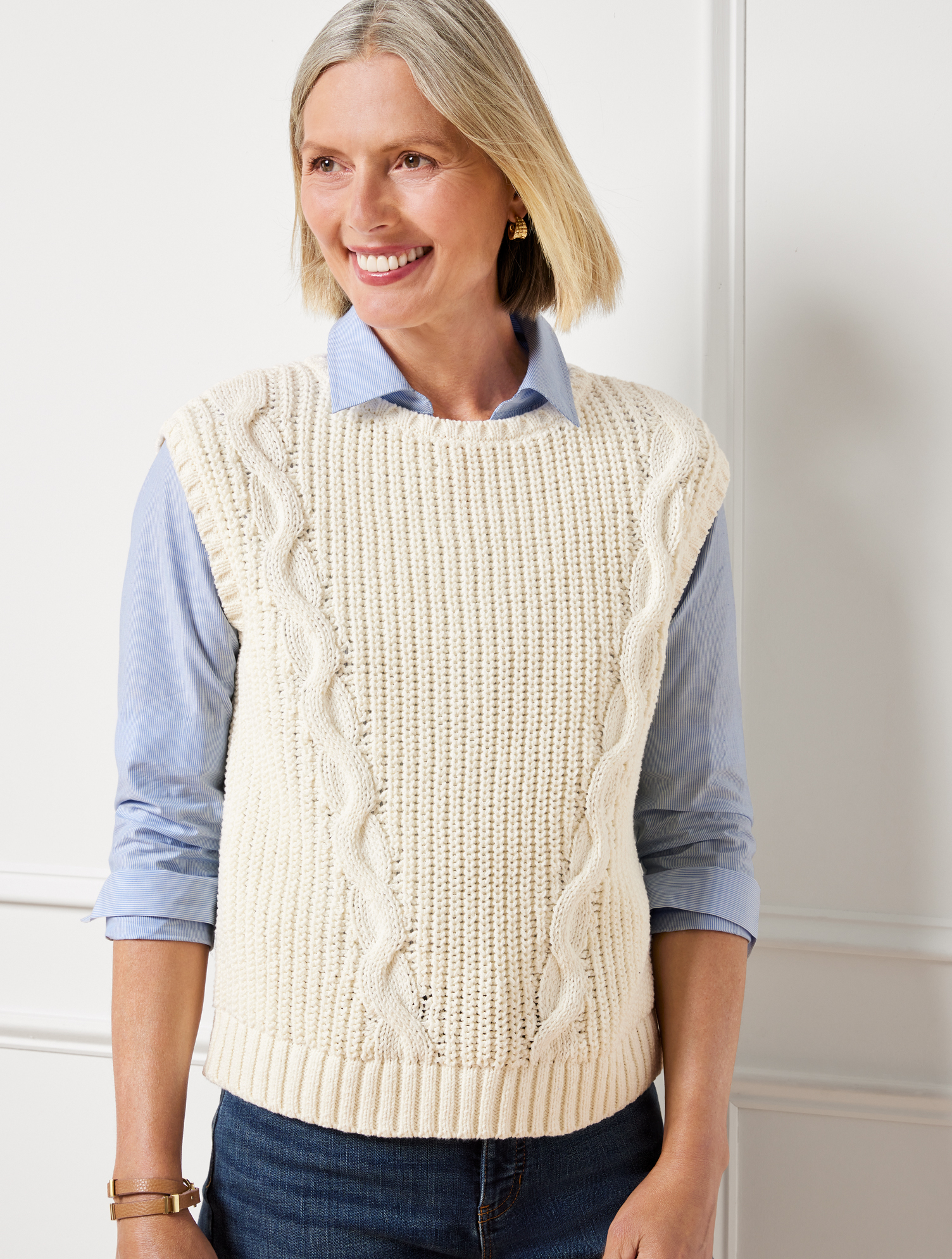 Talbots Convertible Cowl-neck Cable Knit Vest - Ivory - 3x