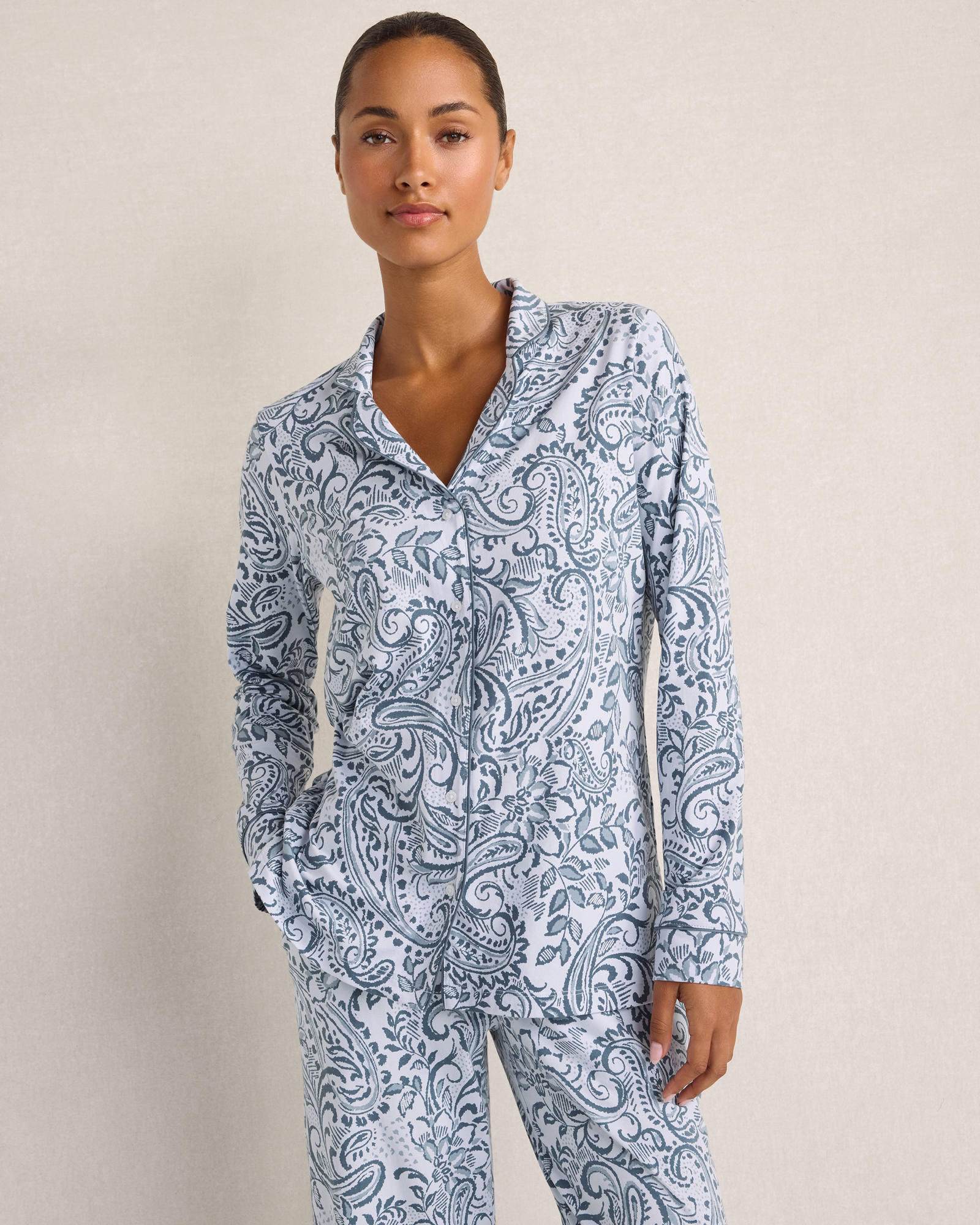 Organic Cotton Jersey Notch Collar Paisley Pajama Shirt