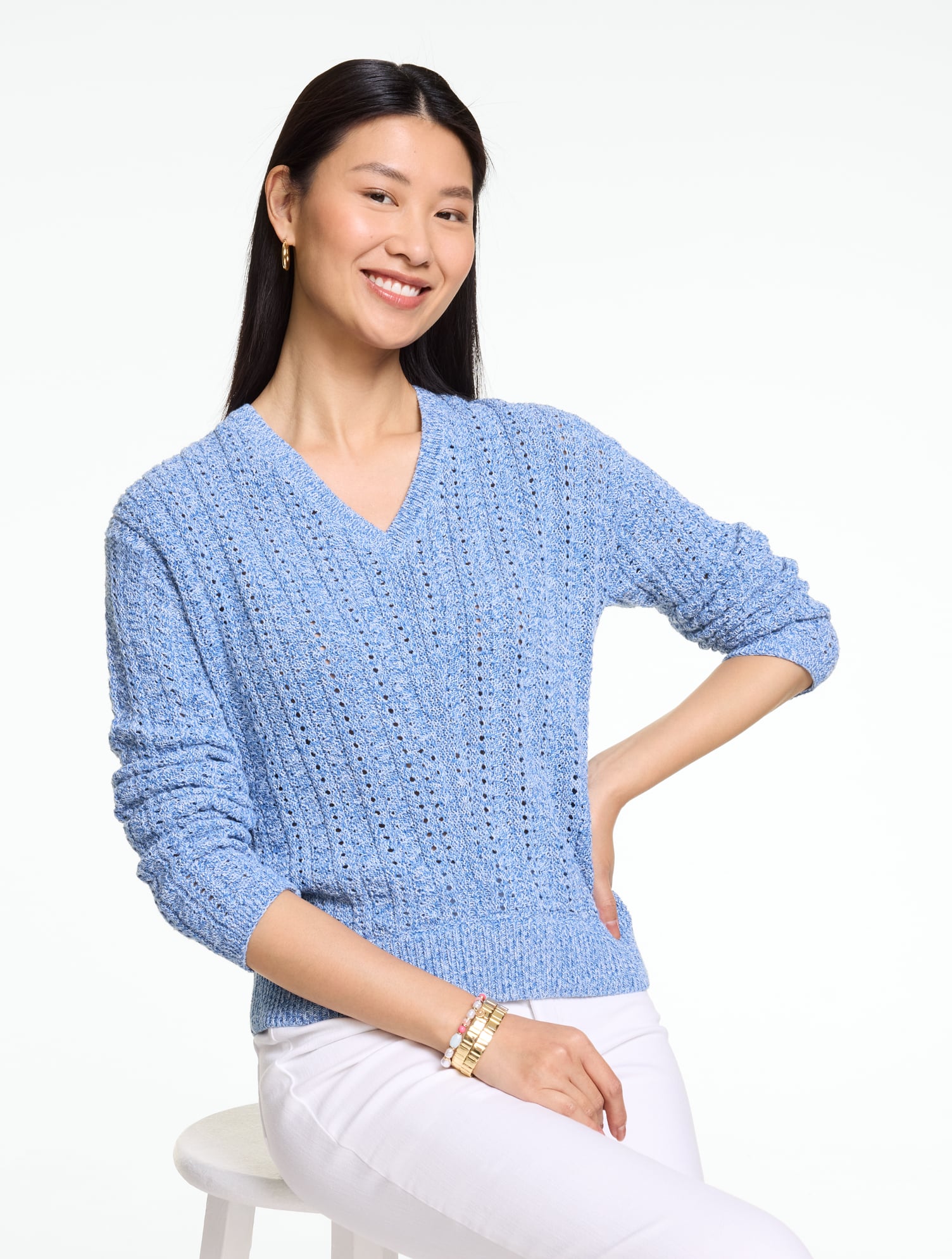 ロンドンガール❗️talbots ニットセーター水色ブルー超美品USA古着 Mixed Cable Knit Polo Cardigan | Talbots