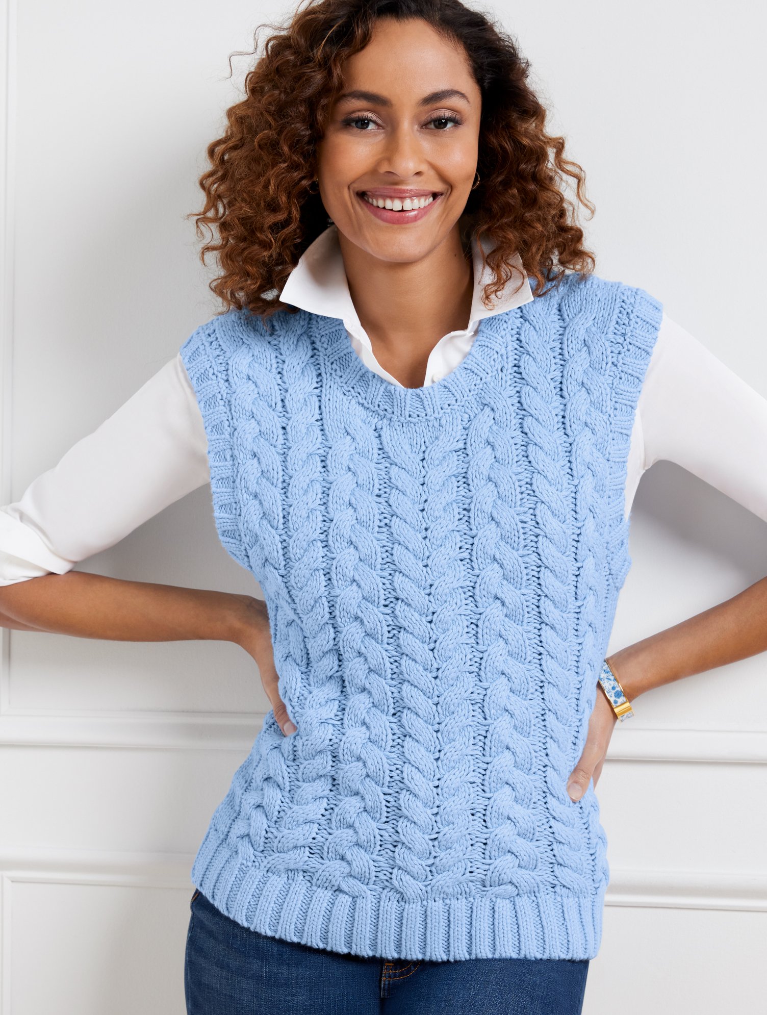 Drop Shoulder Cable Knit Sweater Vest | Talbots
