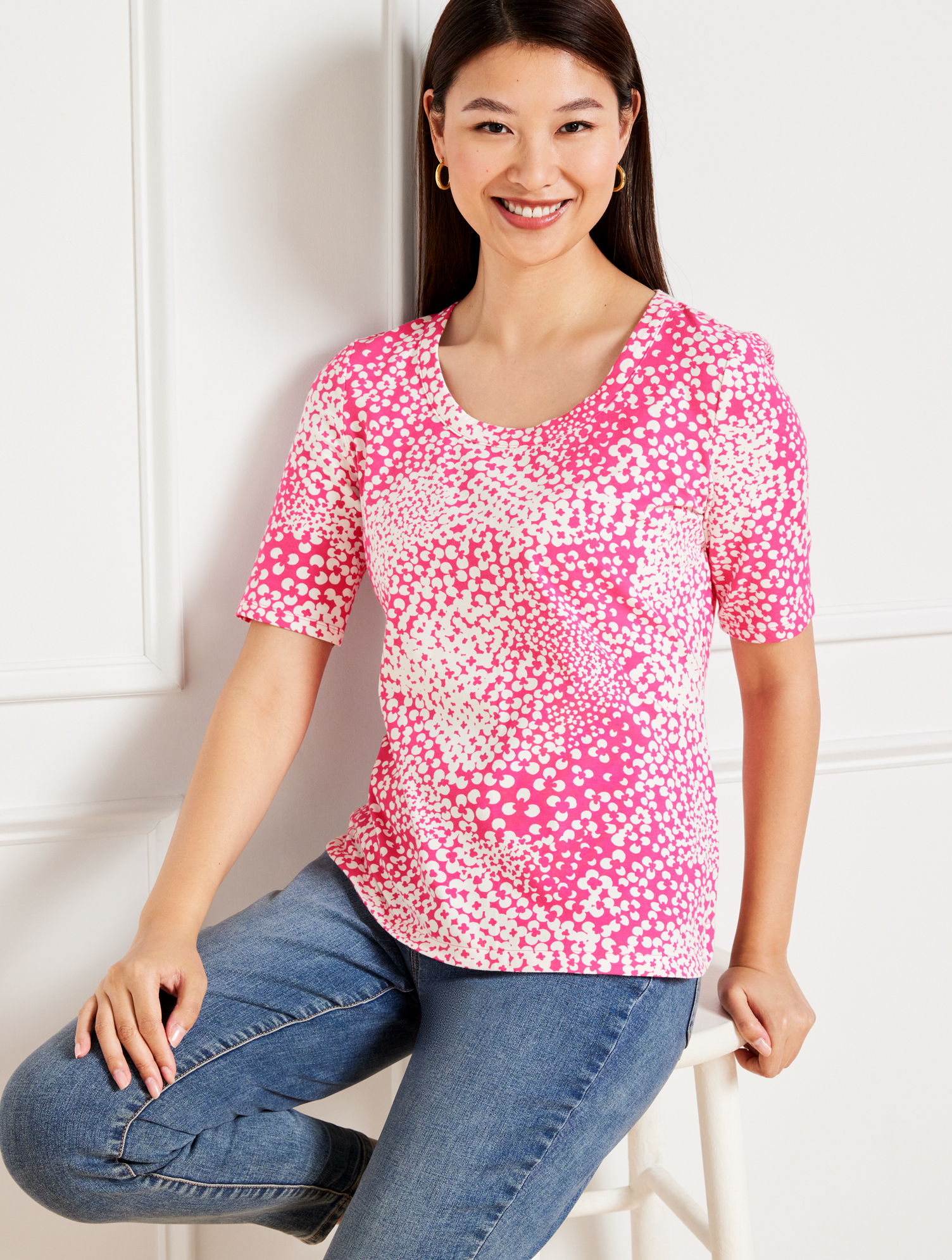Talbots Petite - Scoop Neck T-shirt - Abstract Clovers - Pink Geranium/ivory - Small  In Pink Geranium,ivory