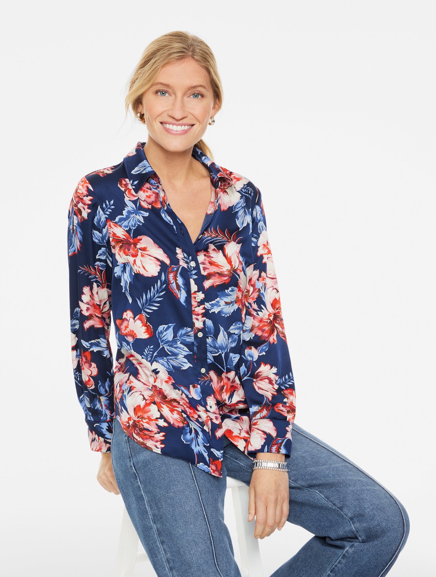 Soft Satin Charmeuse Shirt - Foliage Blooms