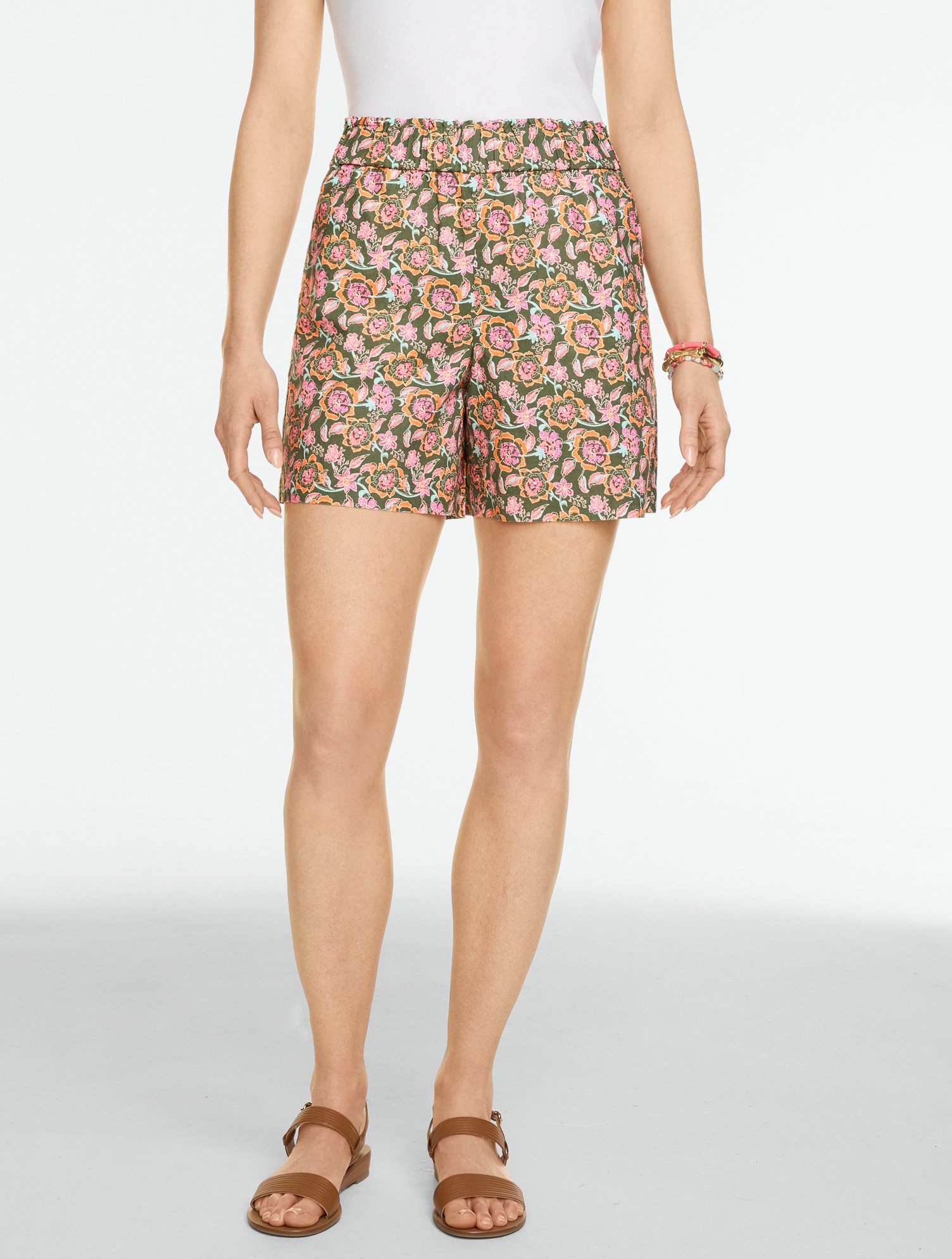 Washed Linen Pull-On Shorts - Strappy Floral