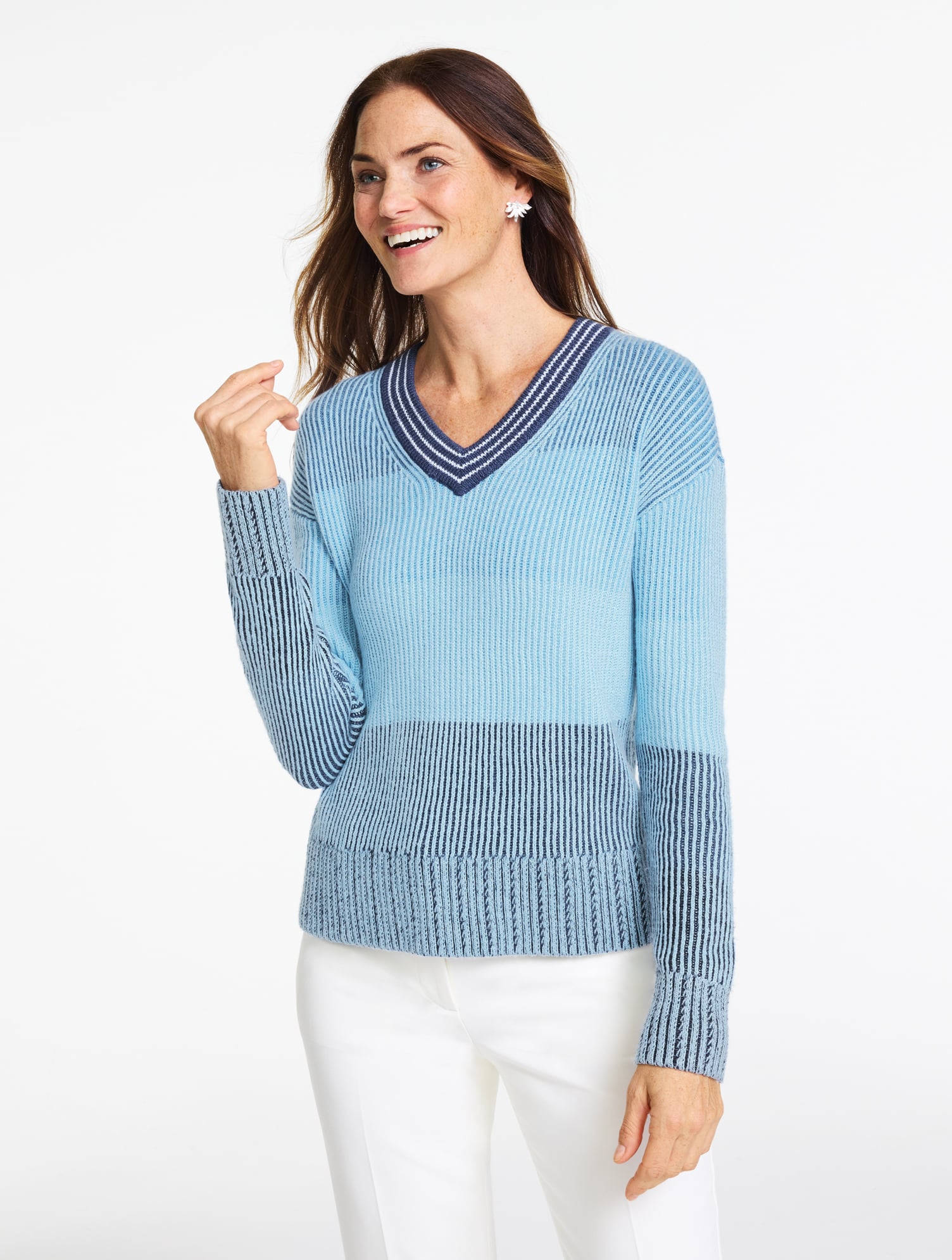 Plus Petite - V-neck Sweater - OmbrÃ© Stripe - Indigo - 1X Talbots