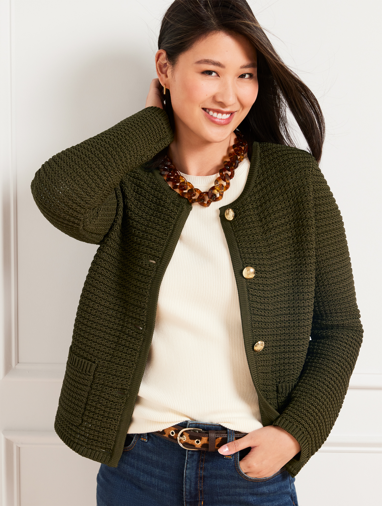 Textured Crewneck Cardigan | Talbots