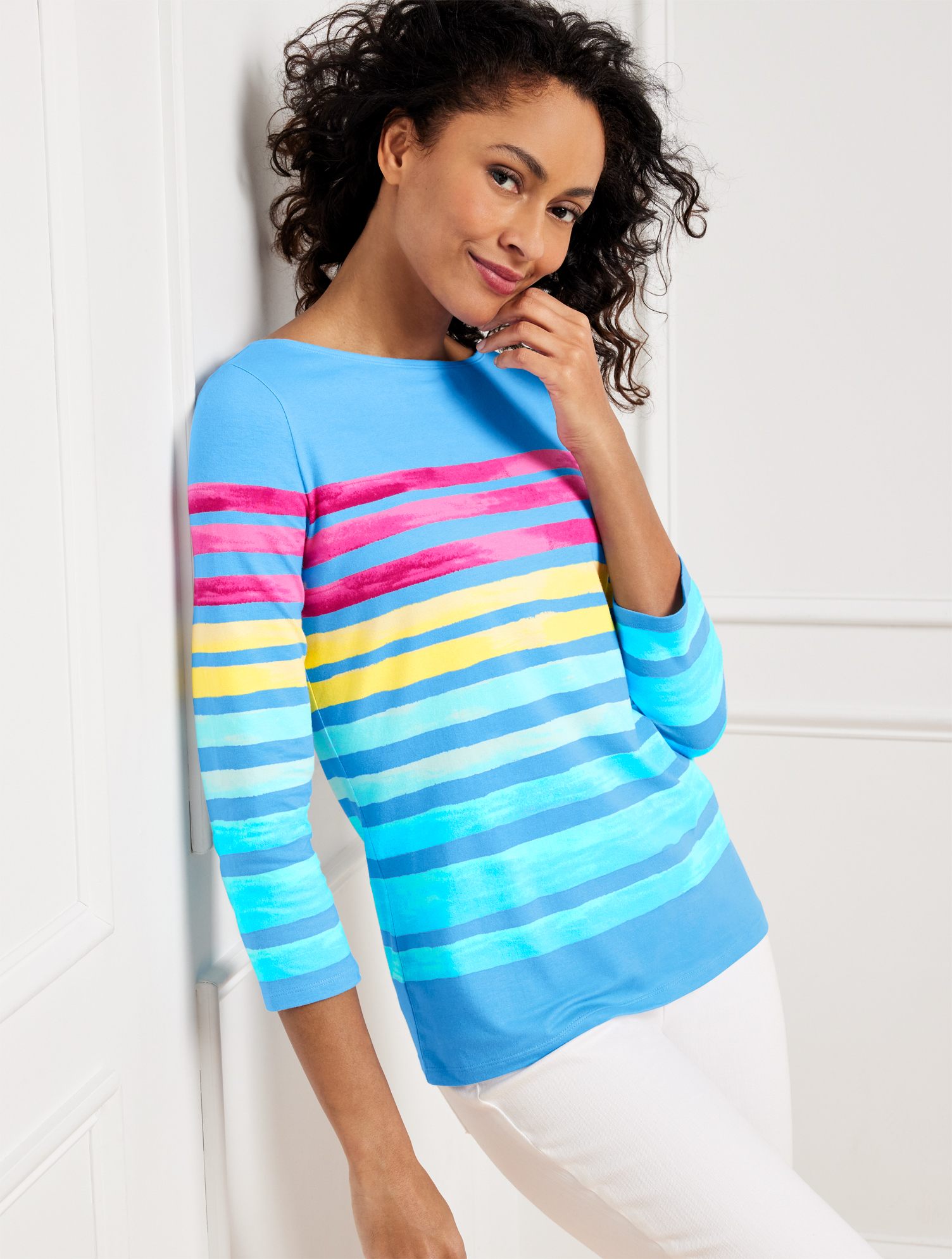 Talbots Bateau Neck T-shirt - Painted Stripes - Freshwater Blue - 3x
