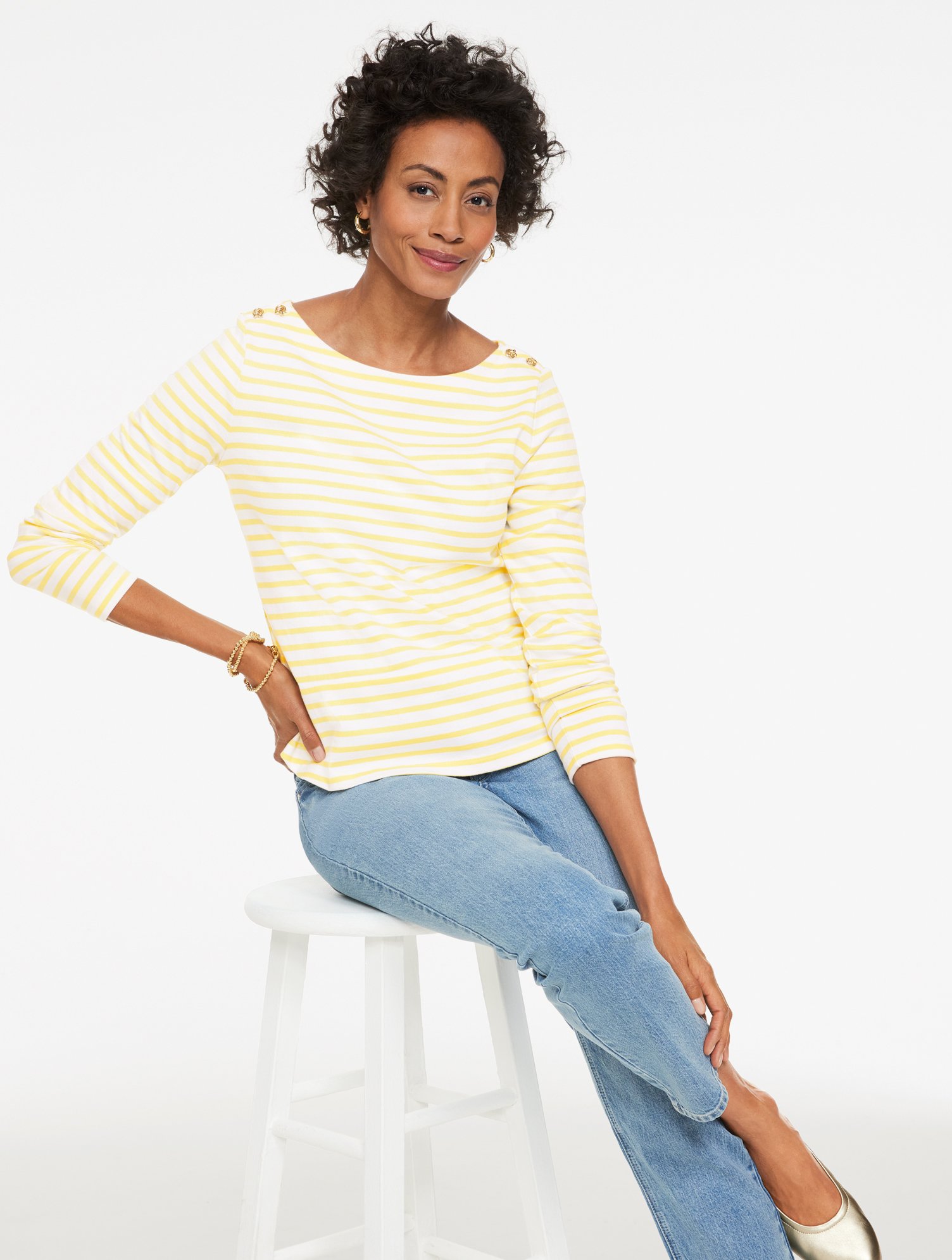 Knot Button Shoulder Tee - Aisling Stripe