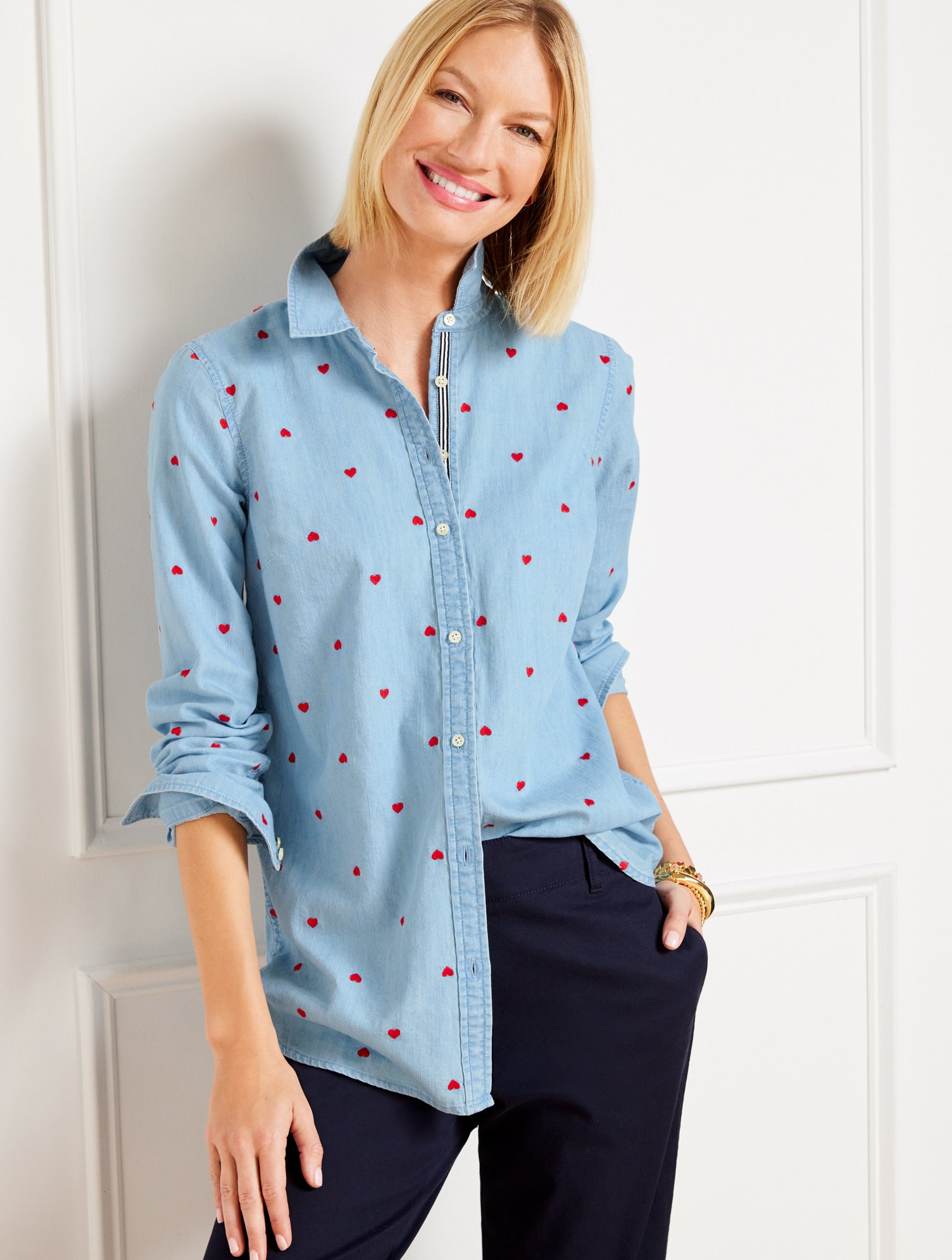 Talbots Petite - Denim Button Front Shirt - Embroidered Hearts - Light Blue/red - 2xs - 100% Cotton  In Light Blue,red