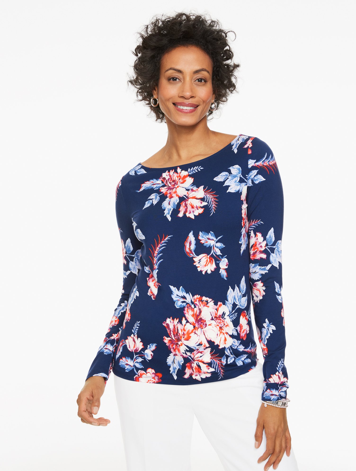 Effortless Jersey Bateau Neck Top - Foliage Blooms