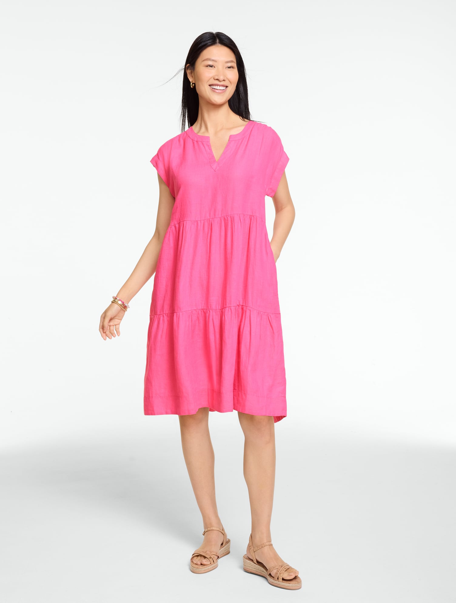 Women's Linen Tiered Swing Dress - Bright Pink - XL Talbots Women's Linen Tiered Swing Dress - Bright Pink - XL Talbots