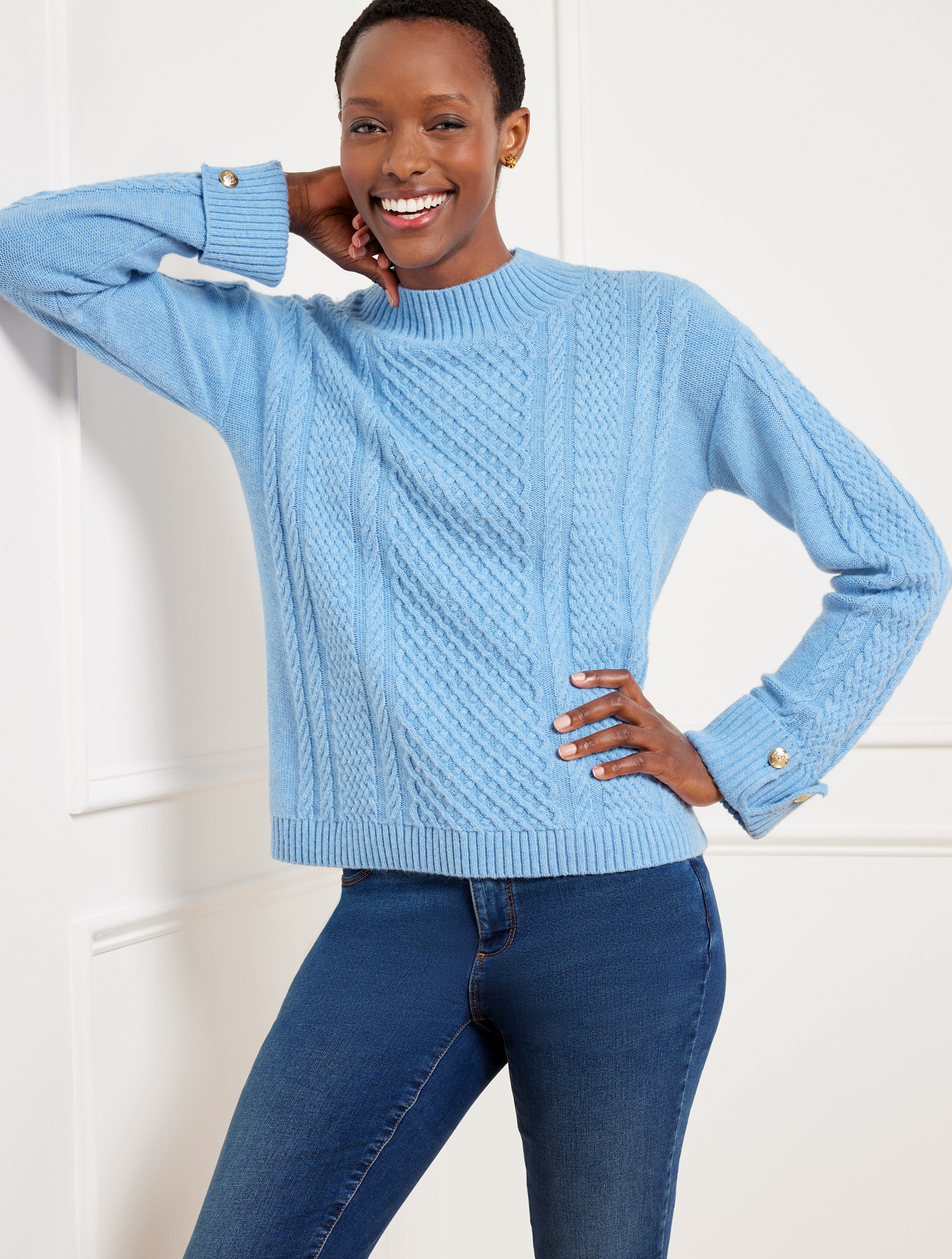 Cable Knit Button Cuff Sweater | Talbots