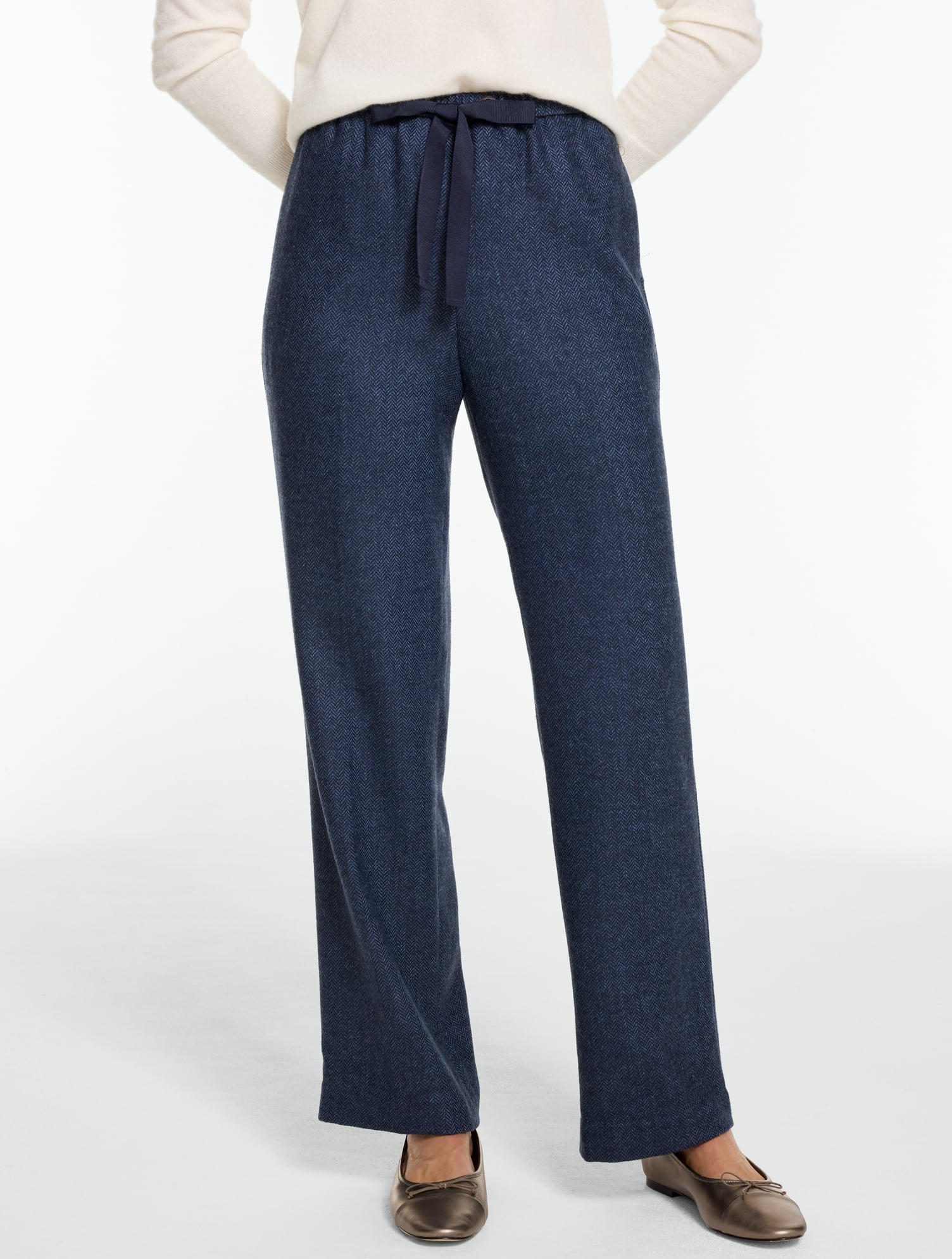 Wool Blend Straight Leg Pull-On Pants - Herringbone