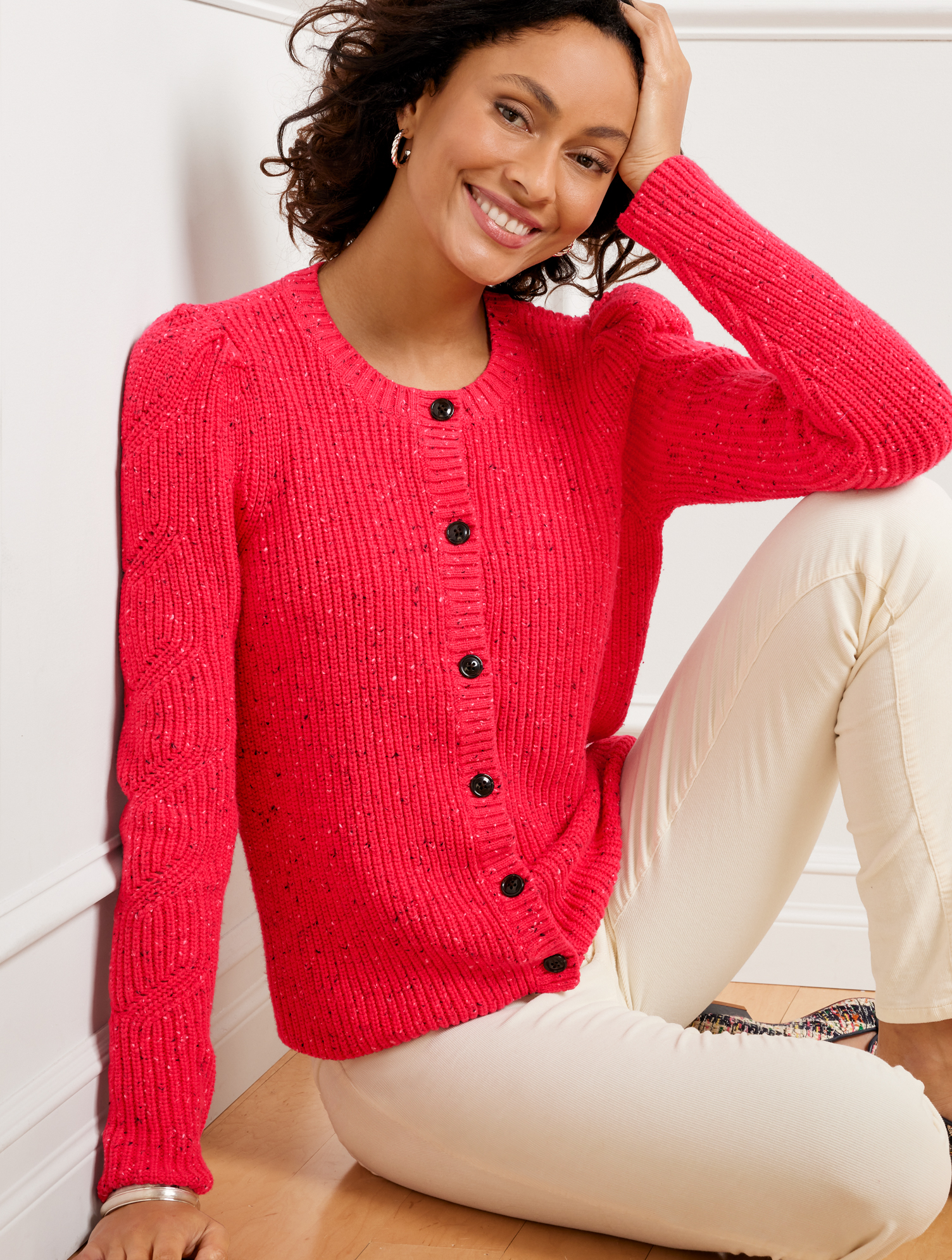 Talbots Puff Sleeve Cardigan Sweater - Tweed - Bright Berry Tweed - 3x