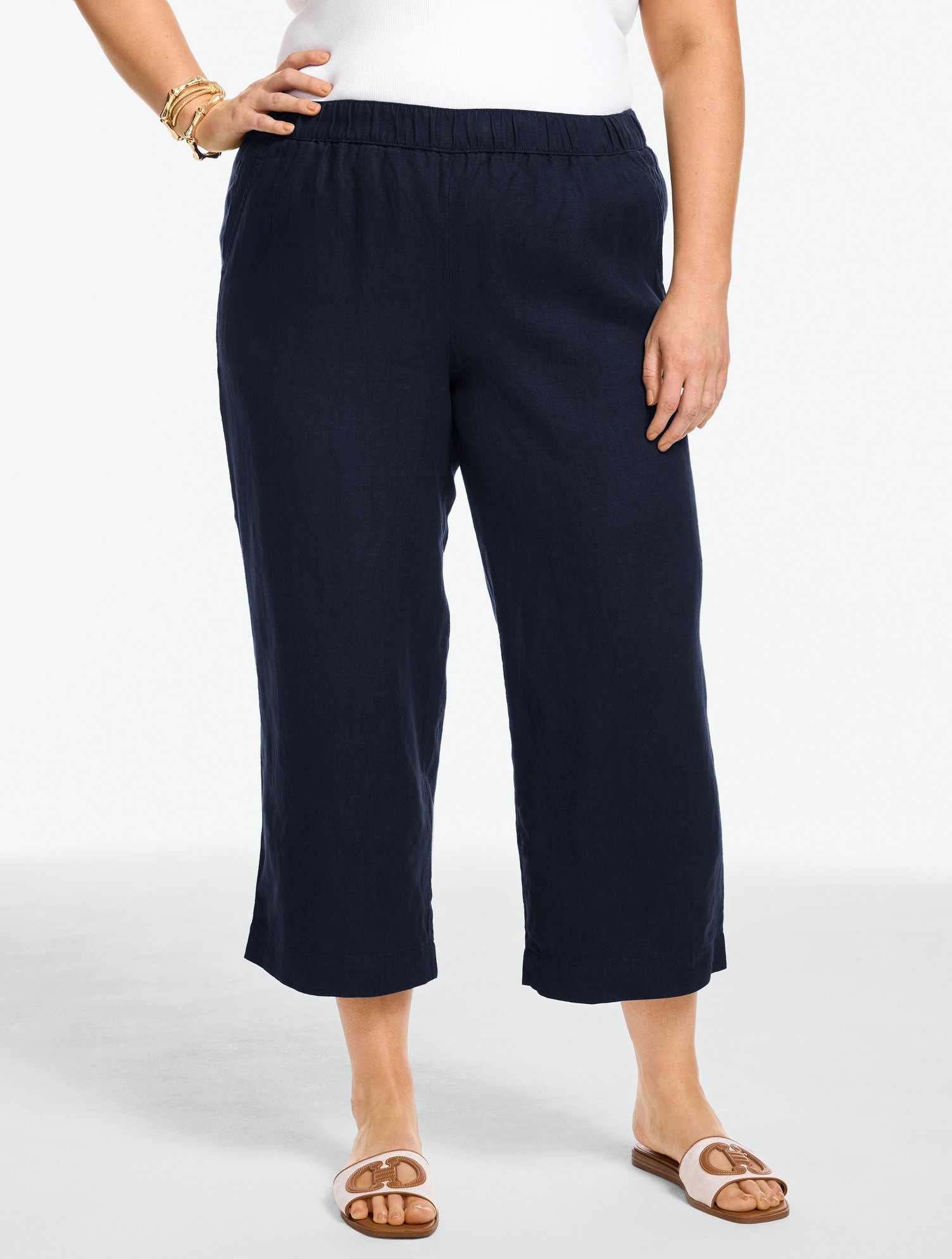 Washed Linen Wide Crop Pull-On Pants