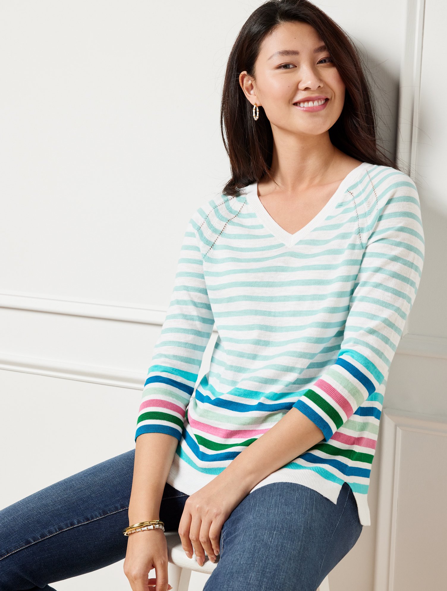 Talbots V-neck Pullover Sweater - Paradise Stripe - Xs - 100% Cotton