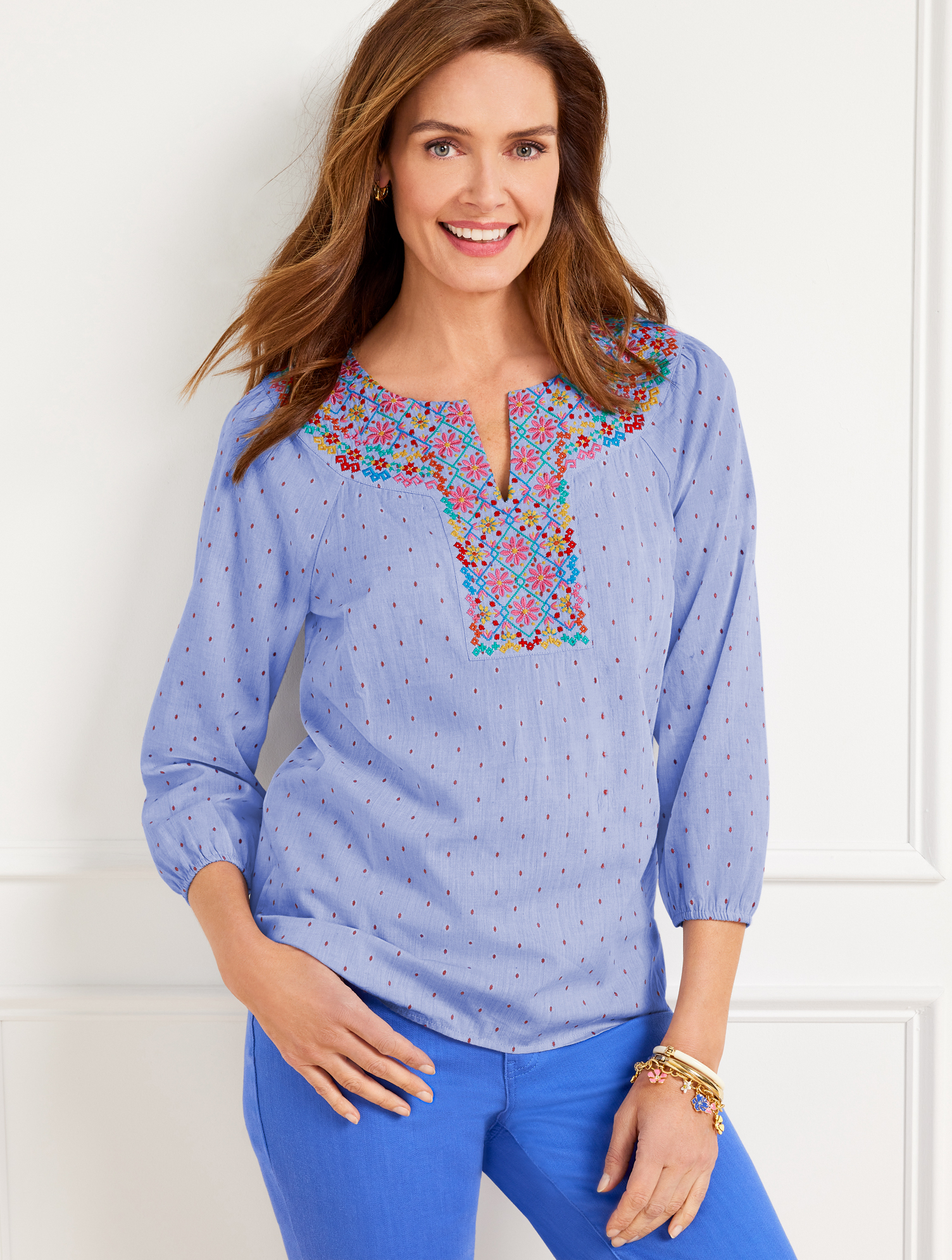 Talbots Embroidered Chambray Blouse - Mills Blue - Xs - 100% Cotton