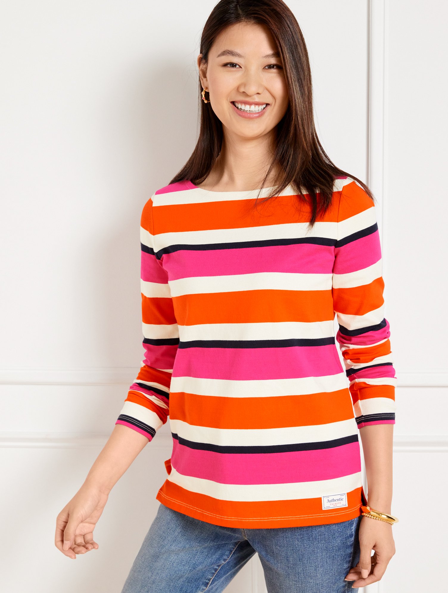 Talbots Authentic  T-shirt - Fillmore Stripe - Ivory/orange/pink - X - 100% Cotton In Ivory,orange,pink