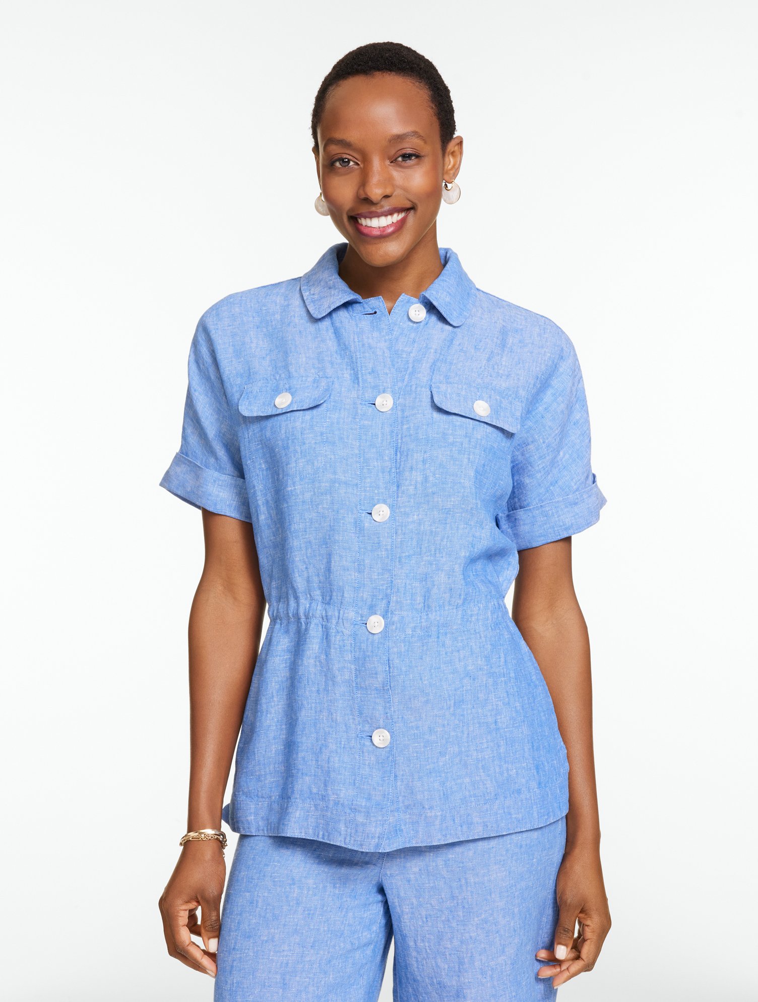 Washed Linen Cinched Shirt Jacket