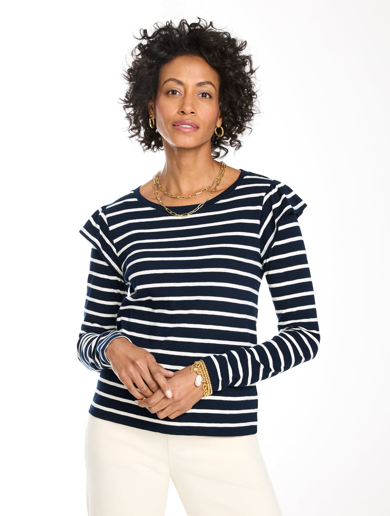 Ruffle Shoulder Crewneck Tee - Stripe