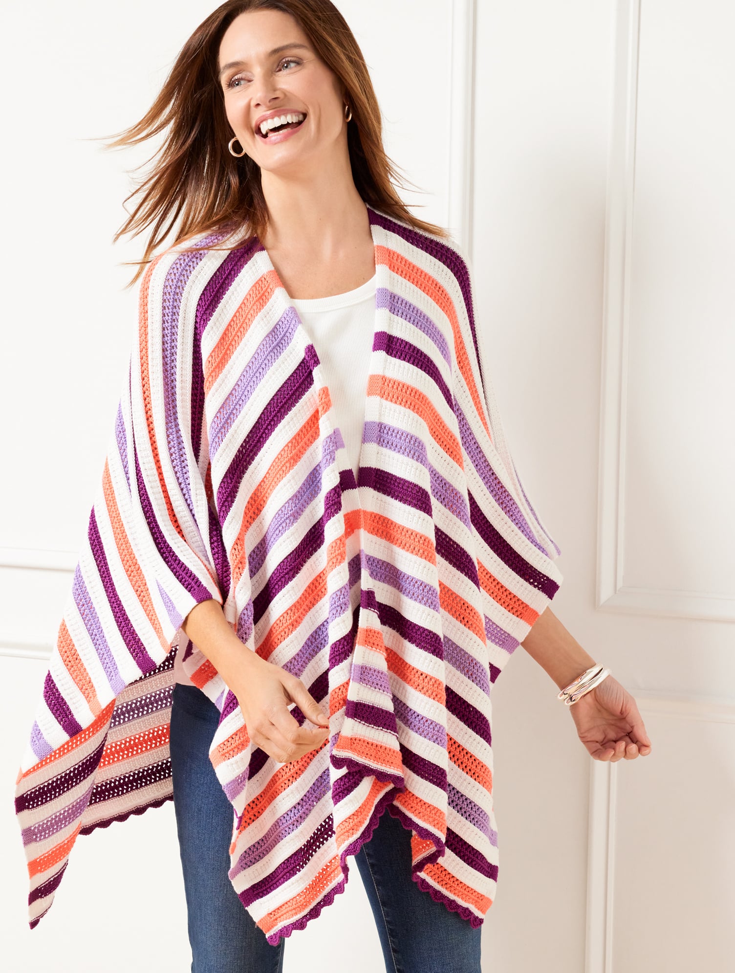 Multi Stripe Ruana - White - M/L - 100% Cotton Talbots