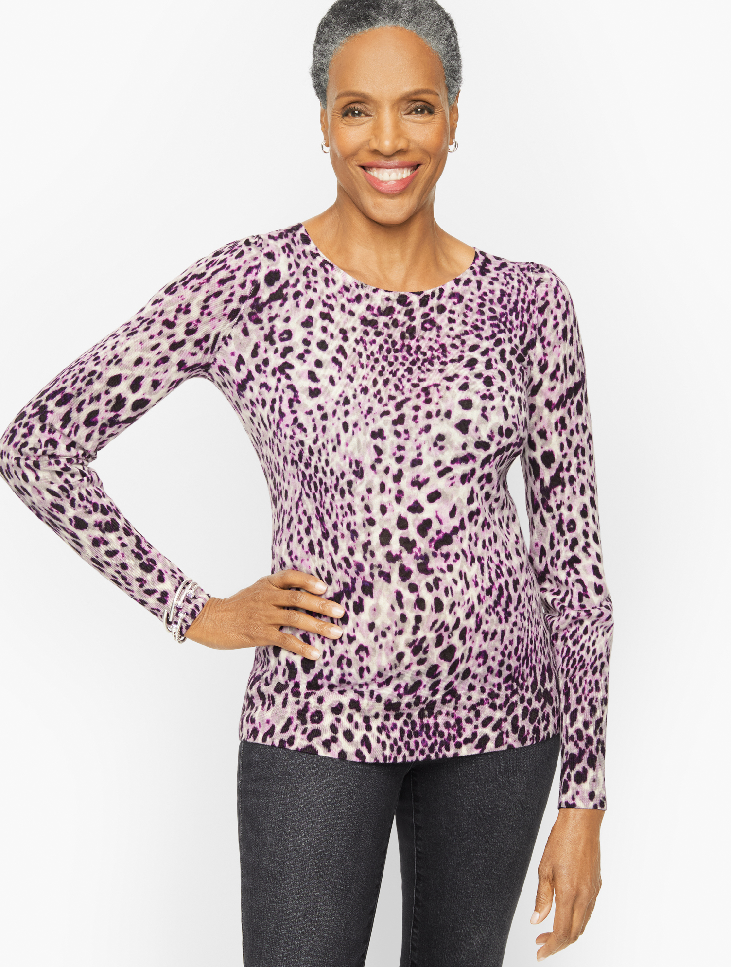 Talbots Merino Wool Puff Sleeve Sweater - Animal - Ivory/violet Tulle - Small  In Ivory,violet Tulle