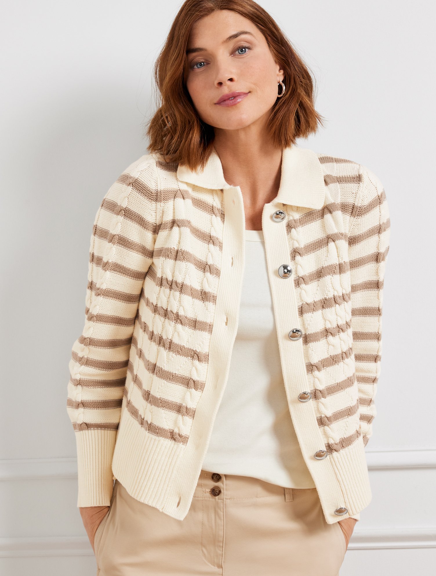Talbots Cable Knit Collared Cardigan Sweater - Stripe - Ivory - 3x