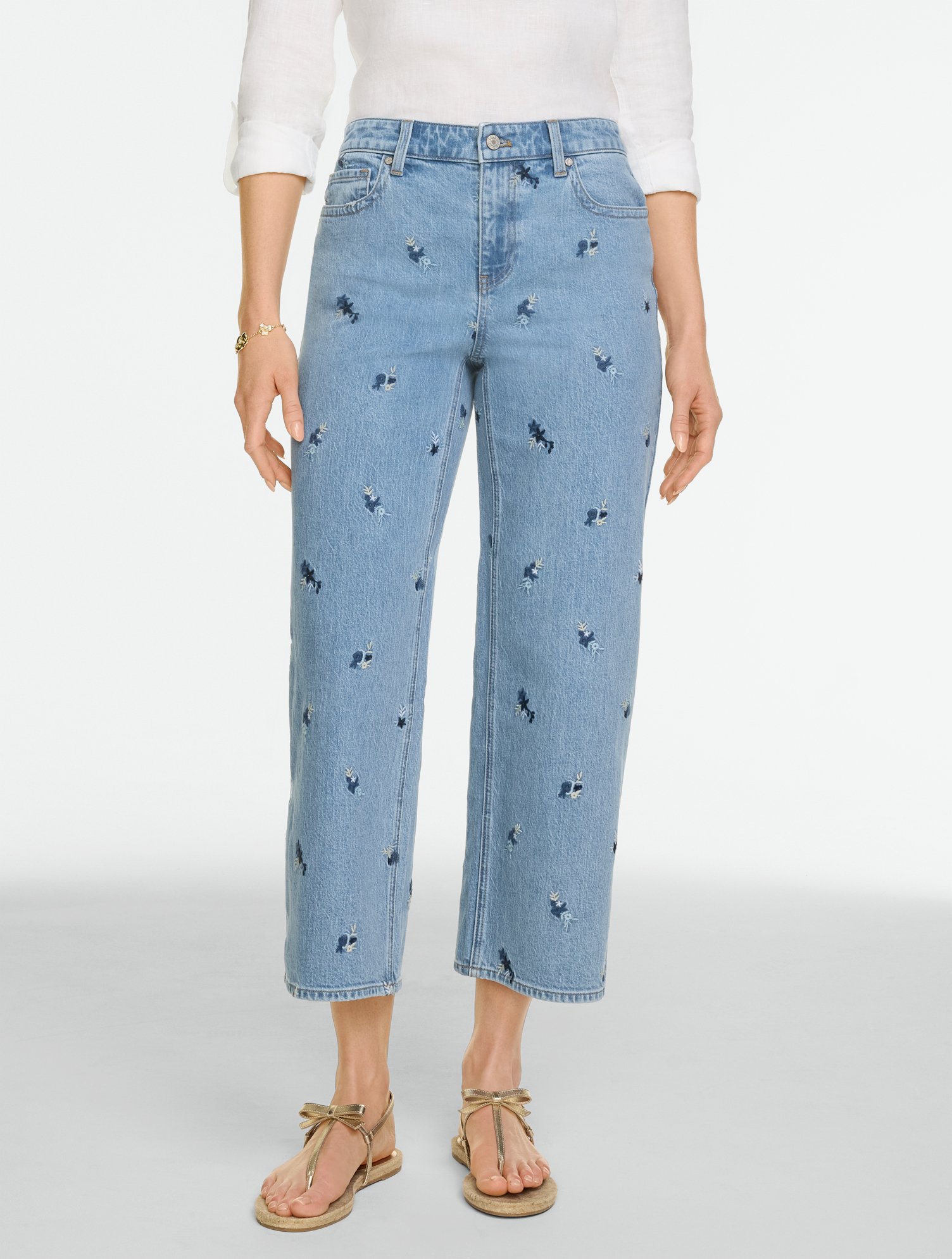 Wide Crop High Waist Embroidered Jeans - Floral Ditsy