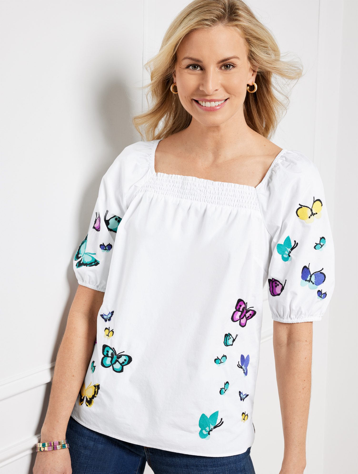 Talbots Petite - Embroidered Poplin Top - Scattered Butterfly - White - 2xs - 100% Cotton