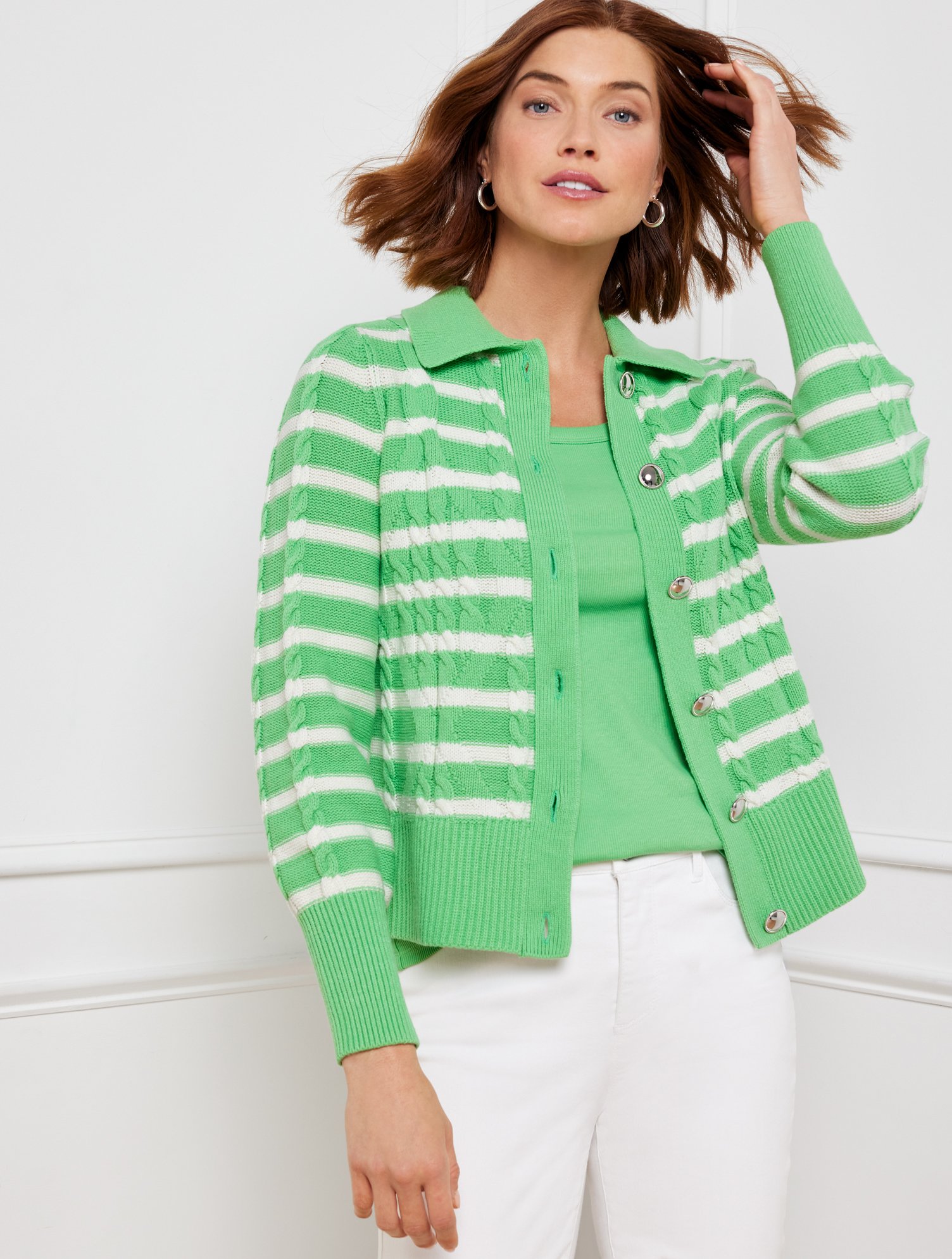 Talbots Cable Knit Collared Cardigan Sweater - Stripe - Green Apple - 1x