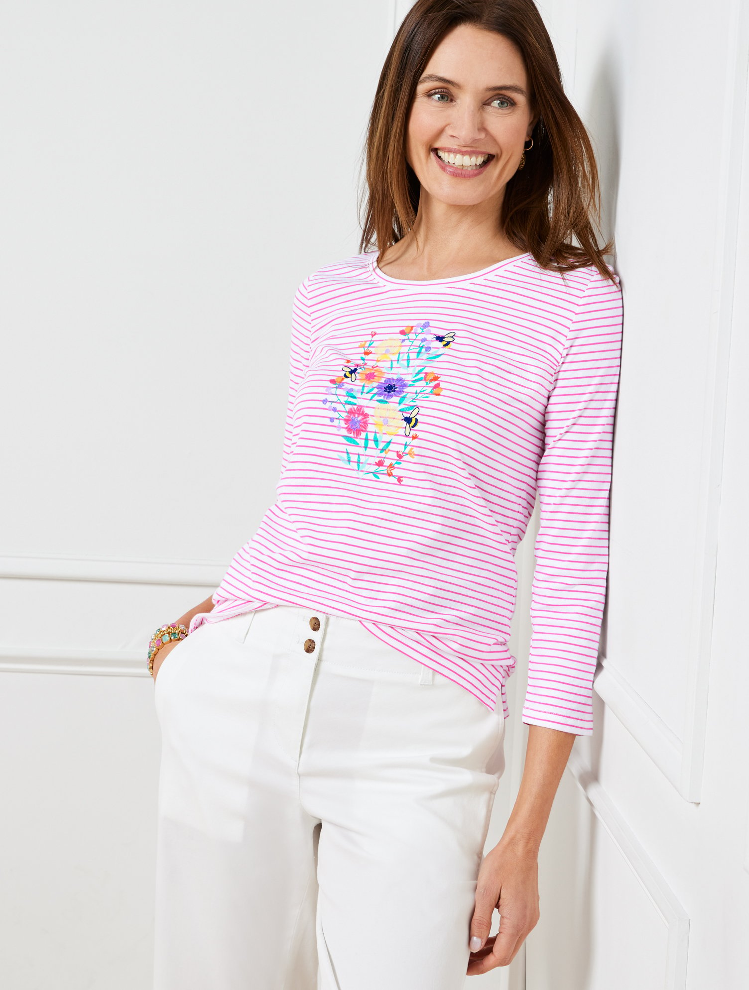 Talbots Petite - Scoop Neck T-shirt - Flowers & Bees - White/pink Geranium - Xl - 100% Cotton  In White,pink Geranium