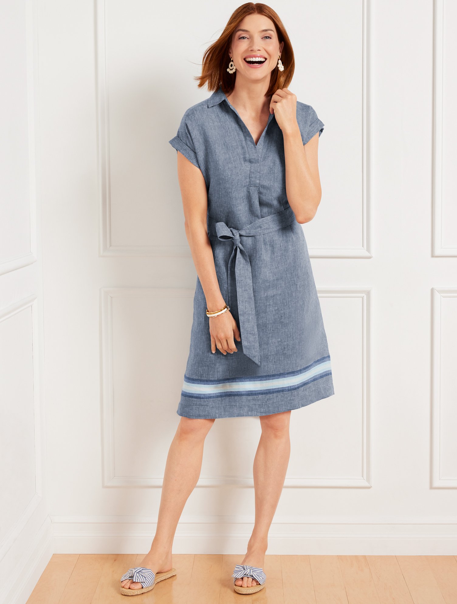 Shop Talbots Linen Popover Shirt Shirtdress - Placed Stripe - Blue - 3x