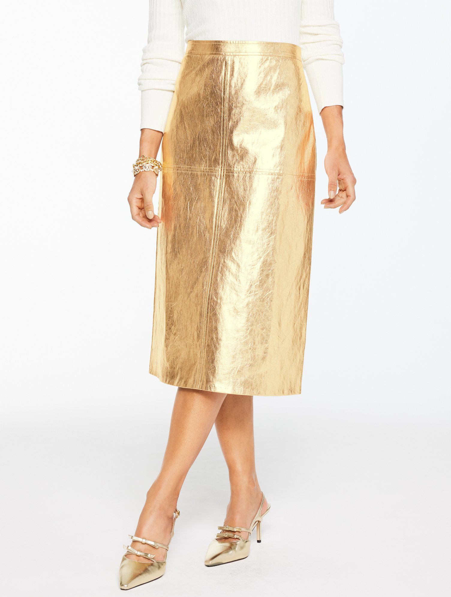 Talbots Plus Size - Crinkle Metallic Faux Leather Midi Skirt - Gold - 18