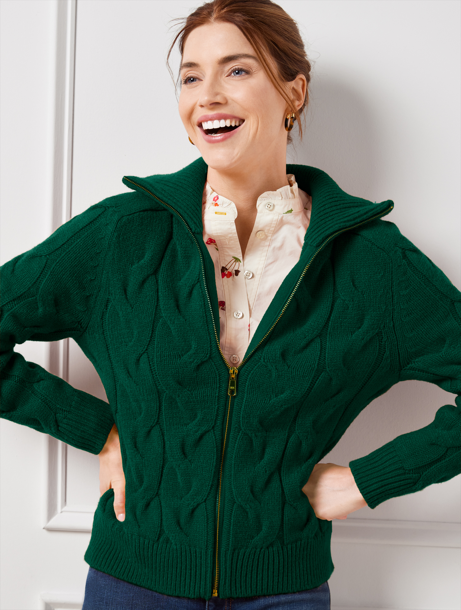Talbots Plus Size Cable Knit Zip Front Cardigan Sweater Green