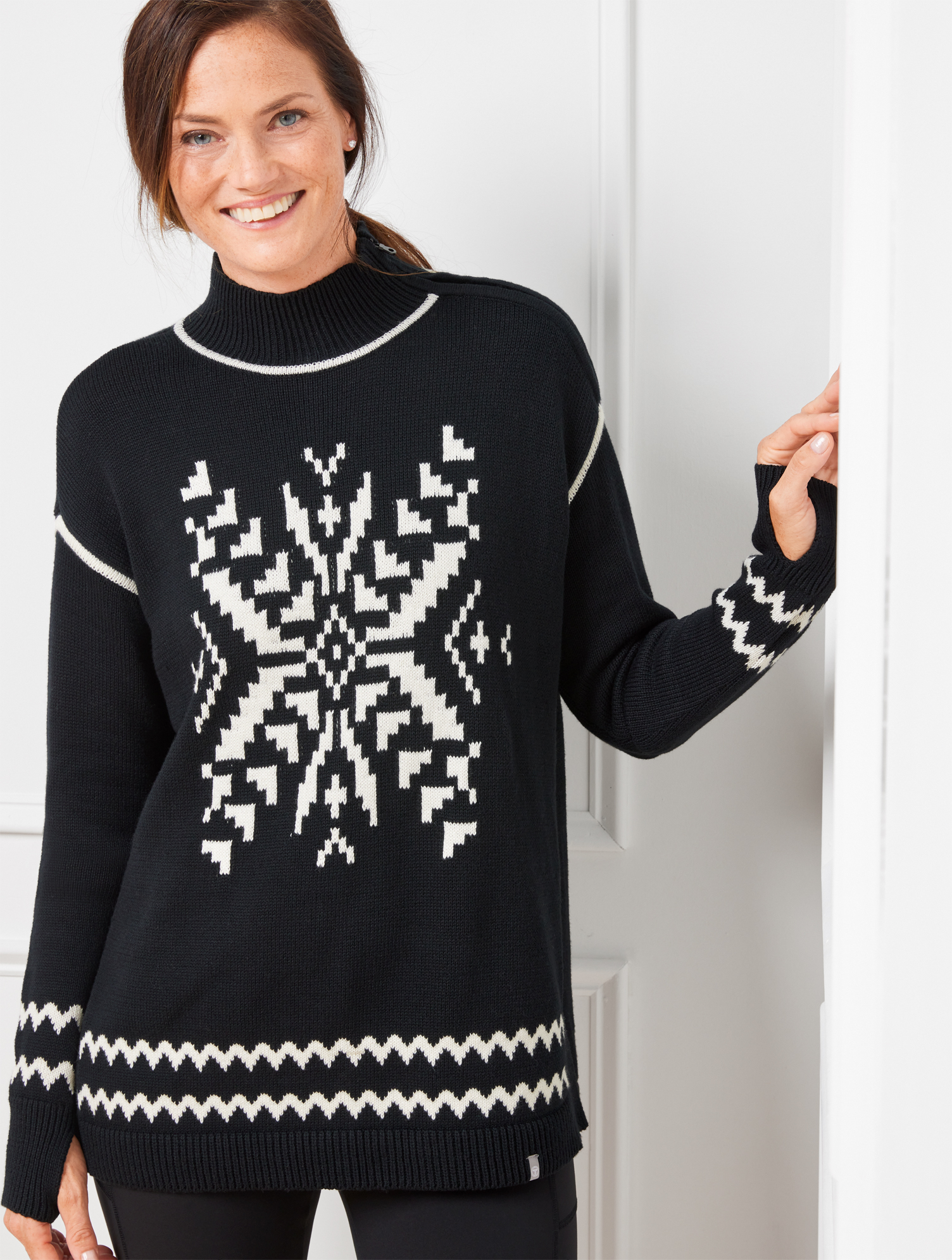 Talbots Petite - Thermolite® Snowflake Turtleneck Sweater - Black/ivory - Xl  In Black,ivory
