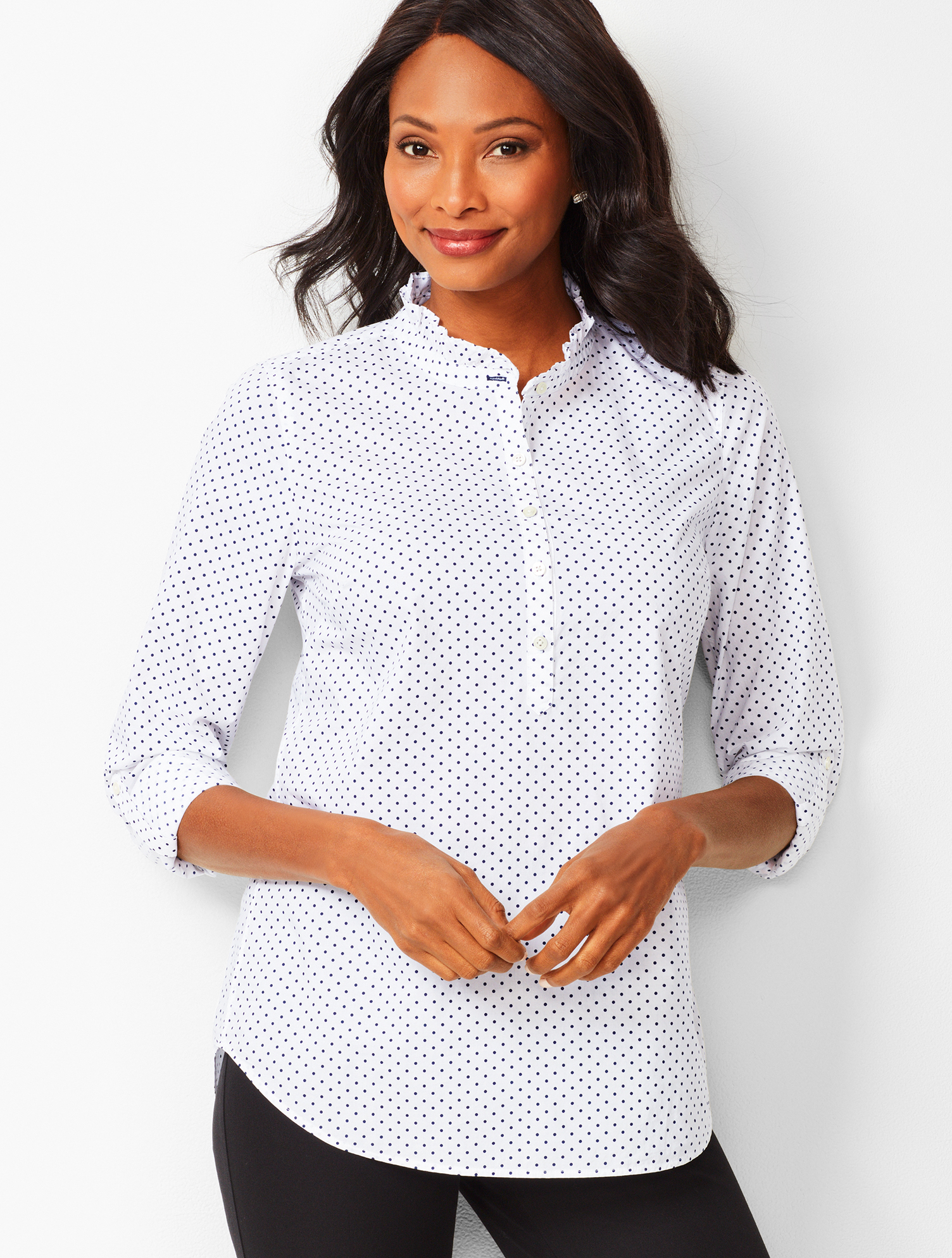 Ruffle-Neck Cotton Popover - Dot | Talbots