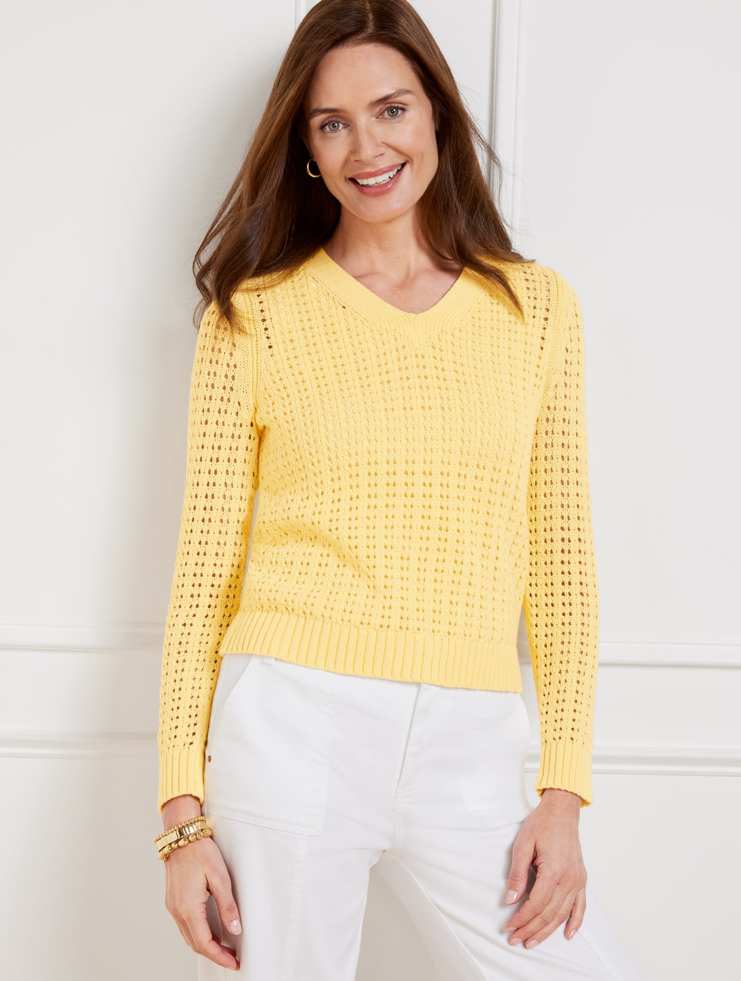 Plus Size - Open Stitch V-Neck Pullover Sweater - Cornsilk - 3X - 100% Cotton Talbots